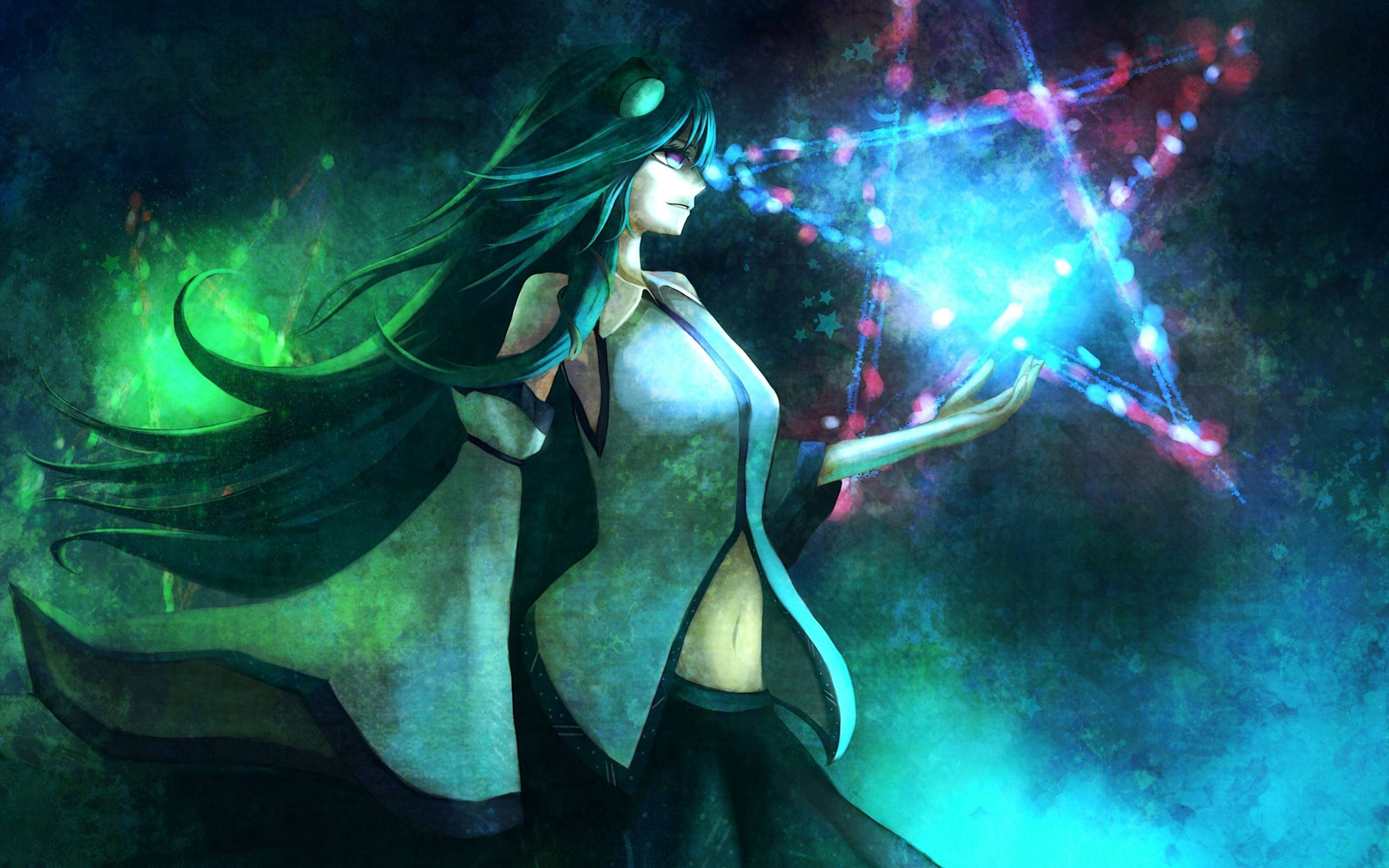 巫女星光 壁紙 — 一位黑髮動漫少女身穿飄逸長袍，在神秘的綠色和藍色虛空中引導發光的藍色和粉紅色魔法能量，形成星爆。