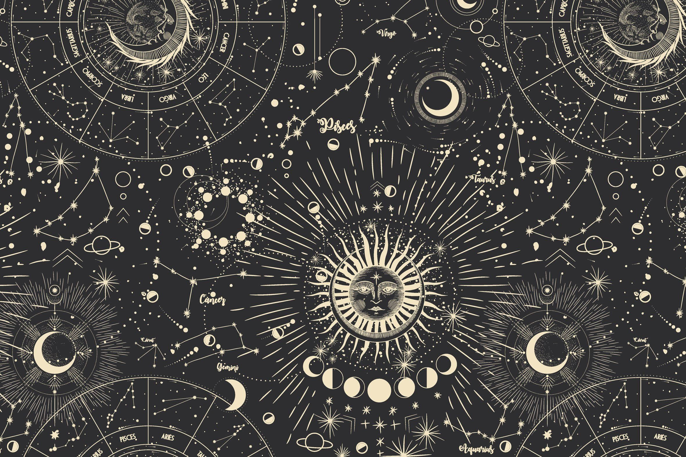 巫女月星圖 壁紙 — 一幅精細的天體圖，帶有金色星座、黃道十二宮和中央的太陽臉，背景為深色。
