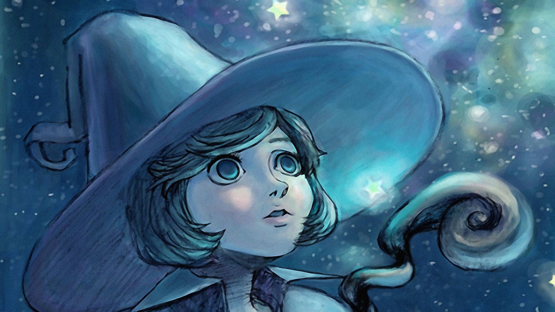 巫女童趣插畫 壁紙 — 一位年輕女巫睜大藍色眼睛，在繁星點點的宇宙天空下驚奇地仰望。