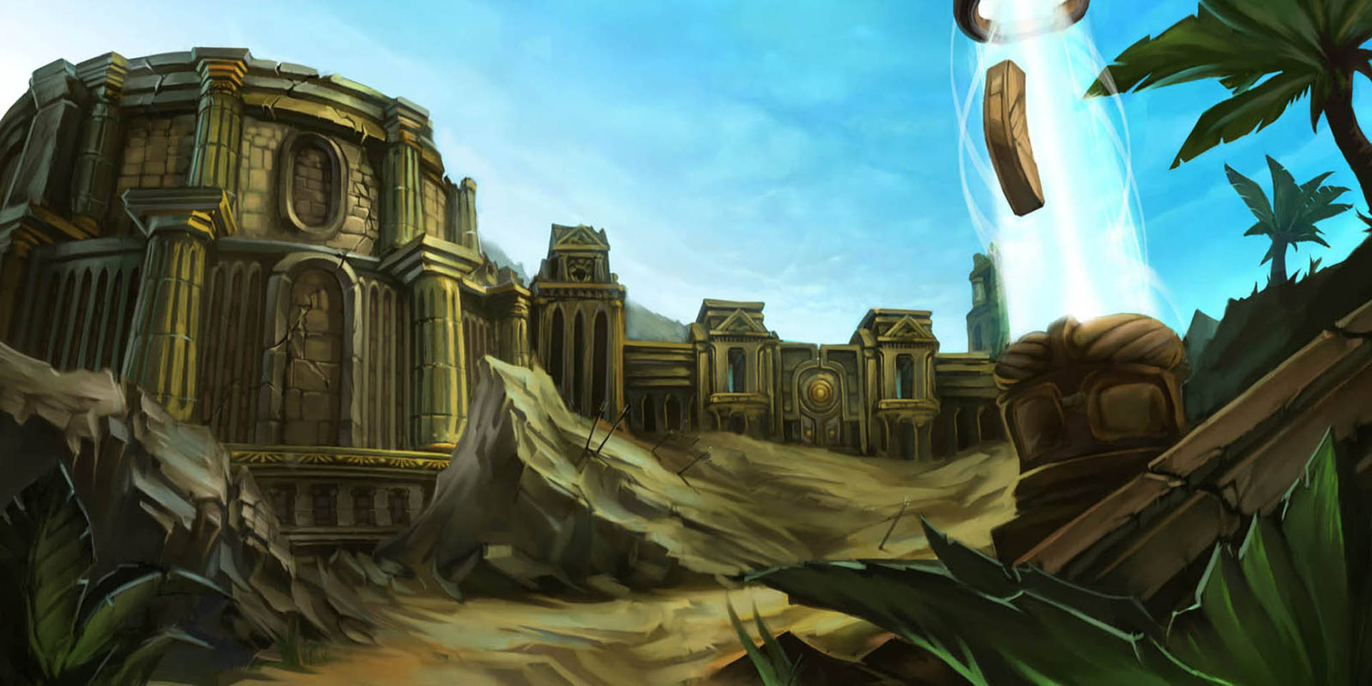 叢林中的古代寺廟遺跡，上方漂浮著發光的文物。
