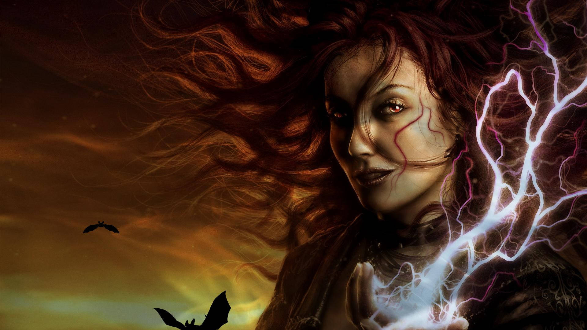 巫婆雷暴魔法 壁紙 — 一位神秘女子，飄逸的紅髮，在燃燒的黃昏天空下，蝙蝠飛舞，從手中引導出電光閃電。