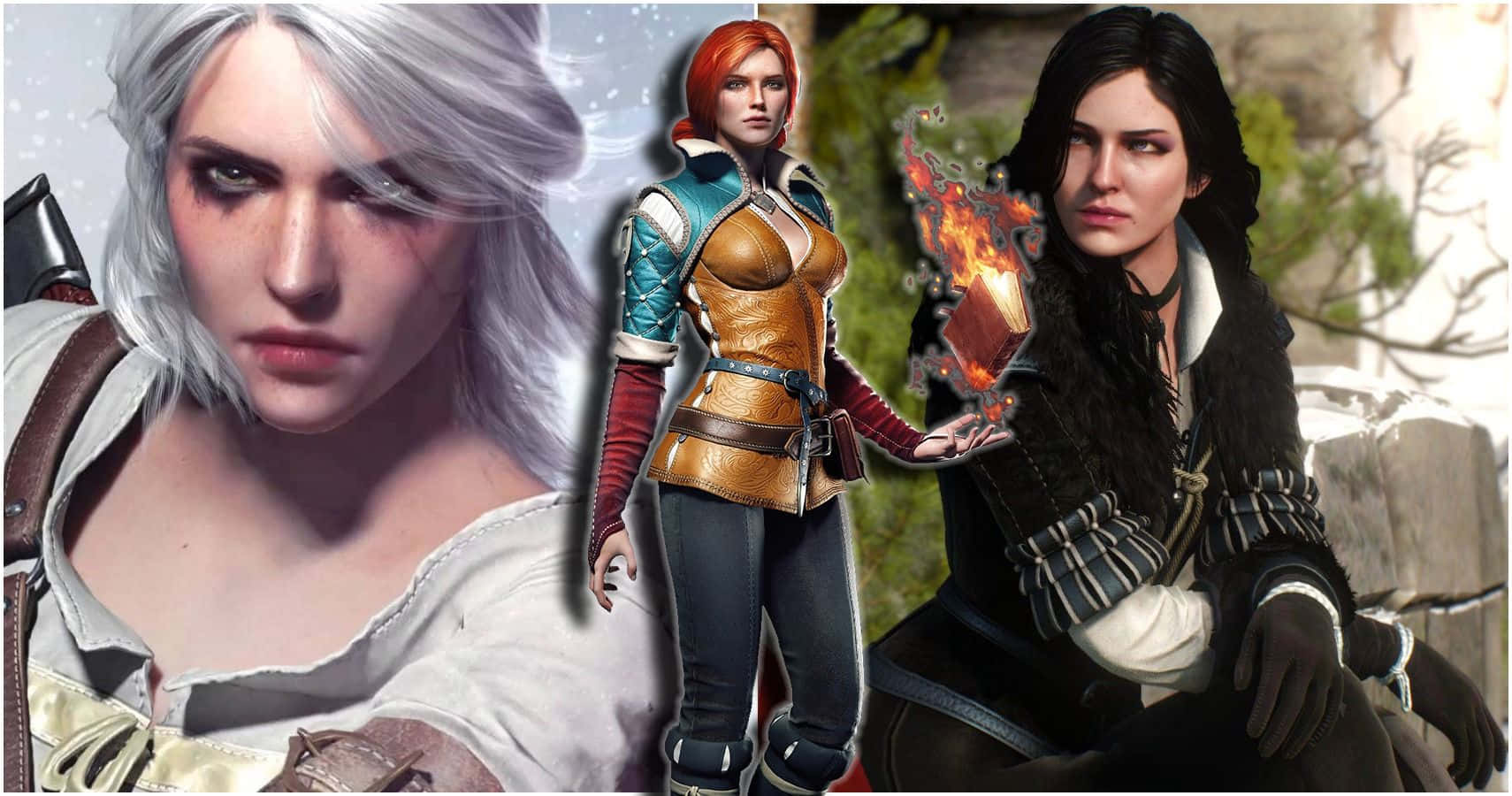 The Witcher Characters 桌布 壁紙 — 《巫師》系列中的三個奇幻角色站在一起，其中一個在崎嶇的戶外環境中拿著一本燃燒的書。