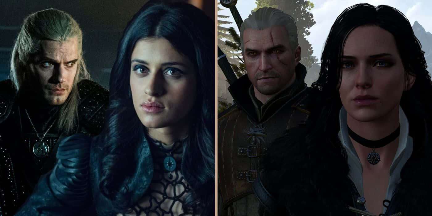 The Witcher Characters 桌布 壁紙 — 《巫師》遊戲系列中的兩個角色在昏暗的奇幻場景中凝視著。