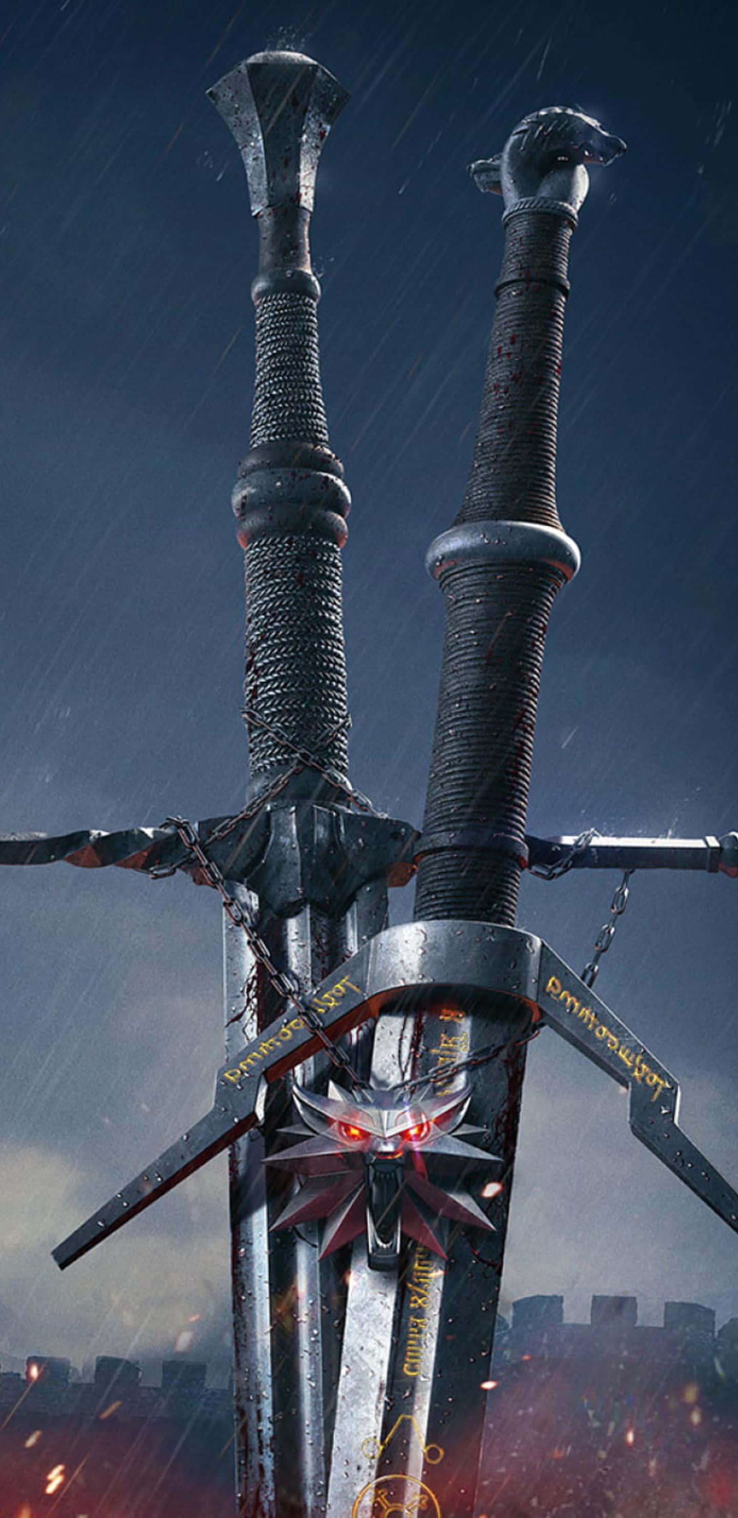 《巫師3》像素3XL背景：雨中雙劍與狼徽章 壁紙 — 兩把華麗的劍在暴風雨的天空中交叉，下方有發光的紅眼和城堡廢墟。