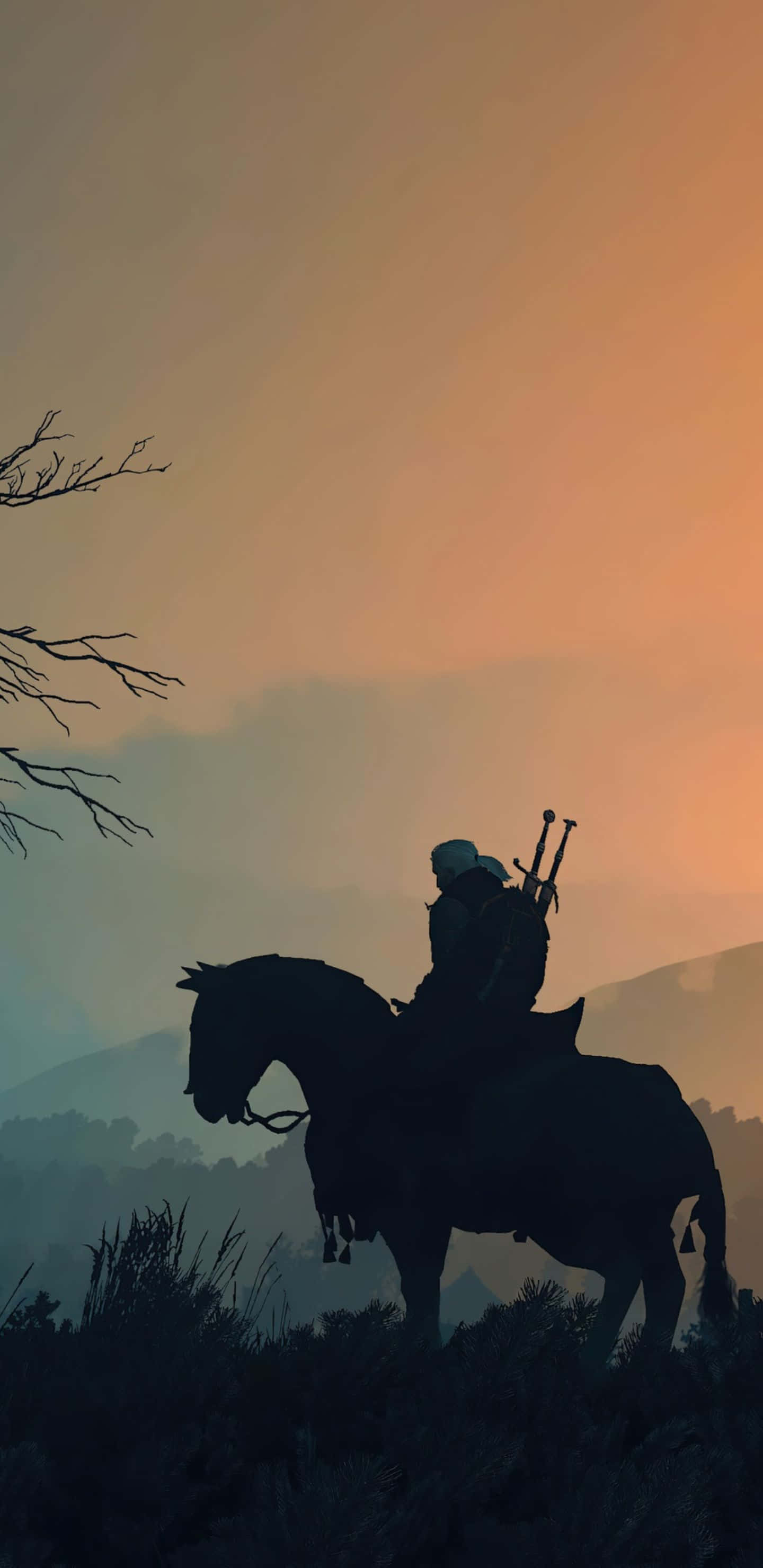 《巫師3》像素3XL背景：騎馬剪影對抗橙色天際 壁紙 — 一名孤獨的騎士騎在馬上，在溫暖的橙色日落天空襯托下形成剪影，還有光禿禿的樹枝。