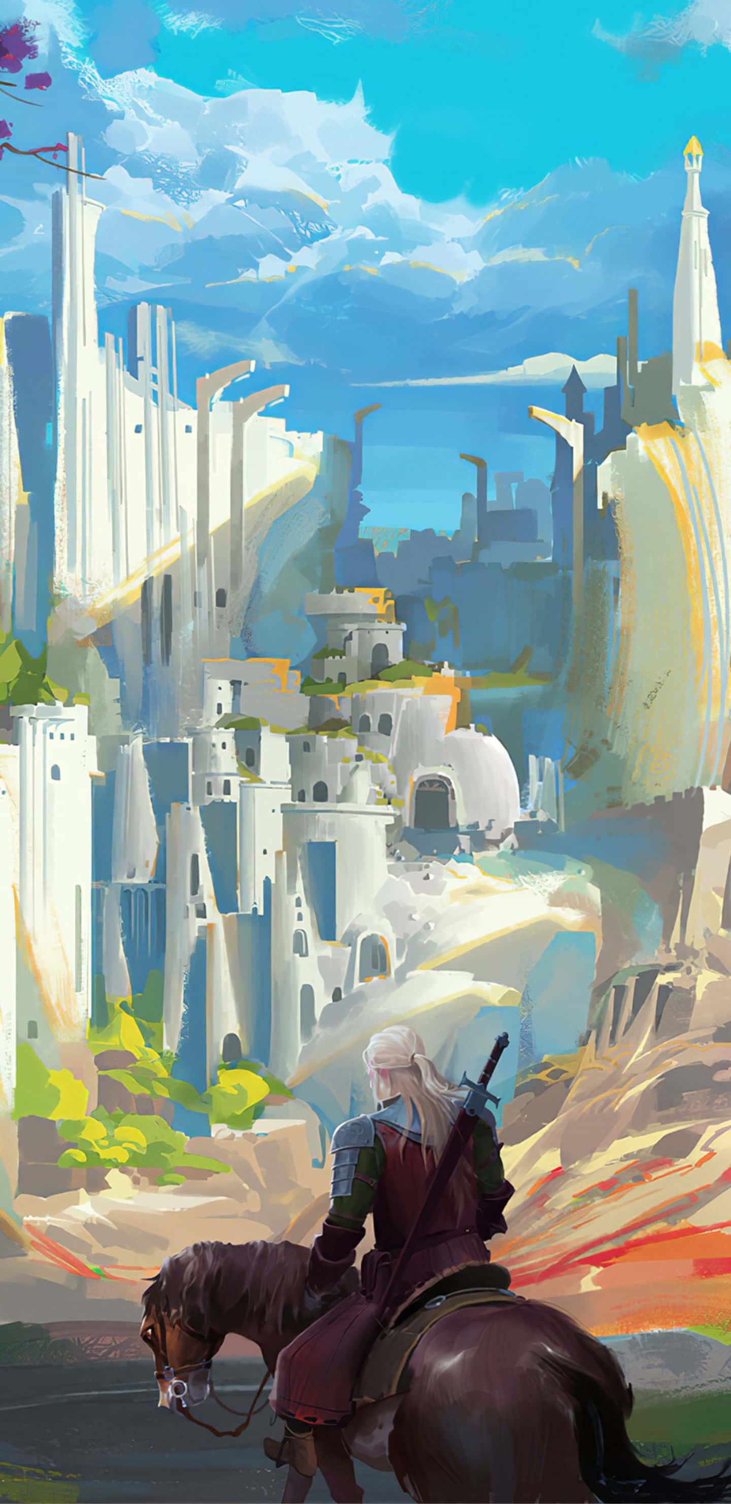 《巫師3》像素3XL背景：騎馬穿越城堡前 壁紙 — 一位孤獨的騎士騎著馬，凝視著在蔚藍天空和縷縷白雲下廣闊的未來城市景觀。