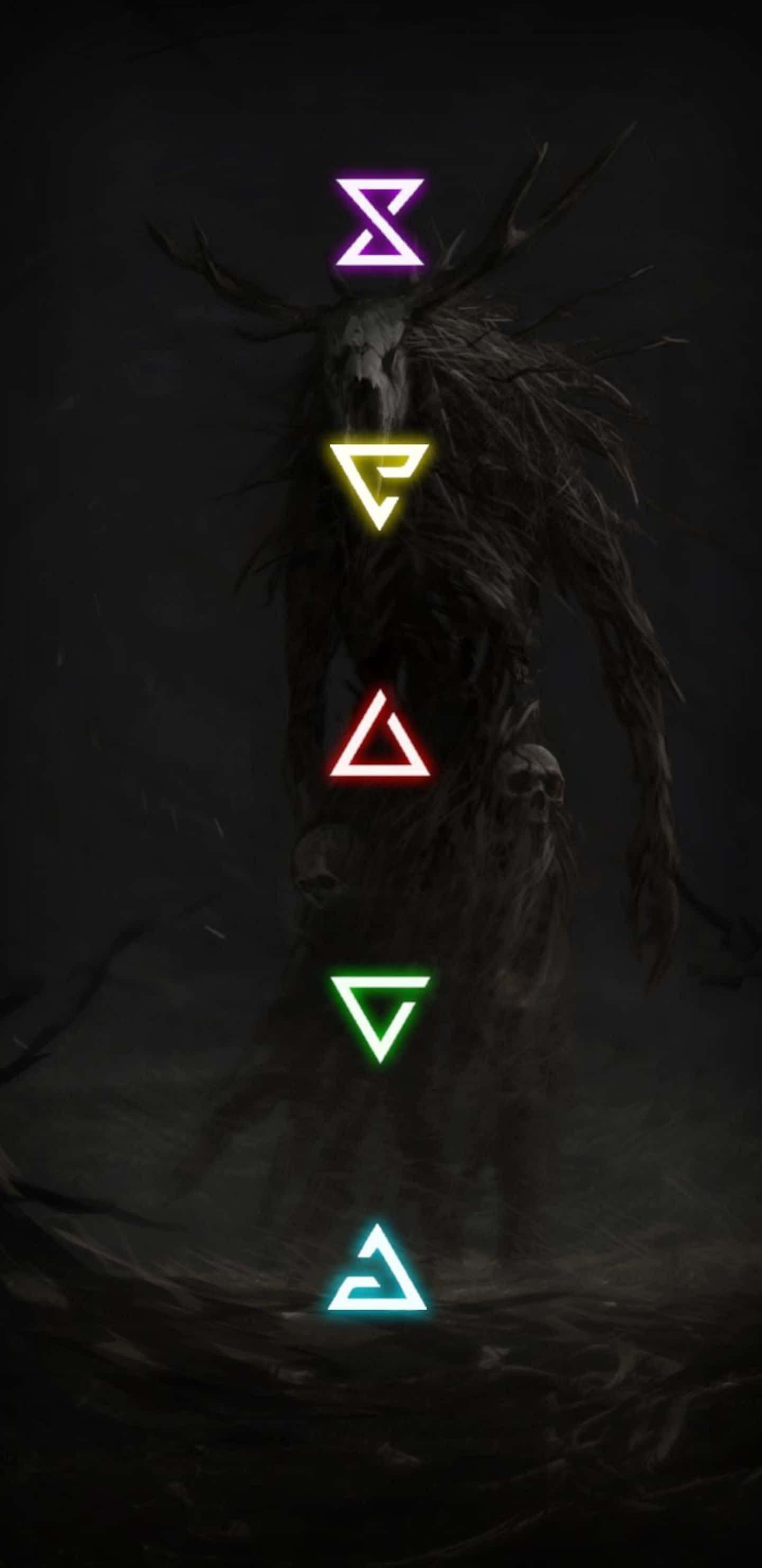 《巫師3》像素風格魔法符號背景 壁紙 — 一個高聳的黑暗生物，長有鹿角，帶有發光的幾何符號，漂浮在迷霧虛空中。
