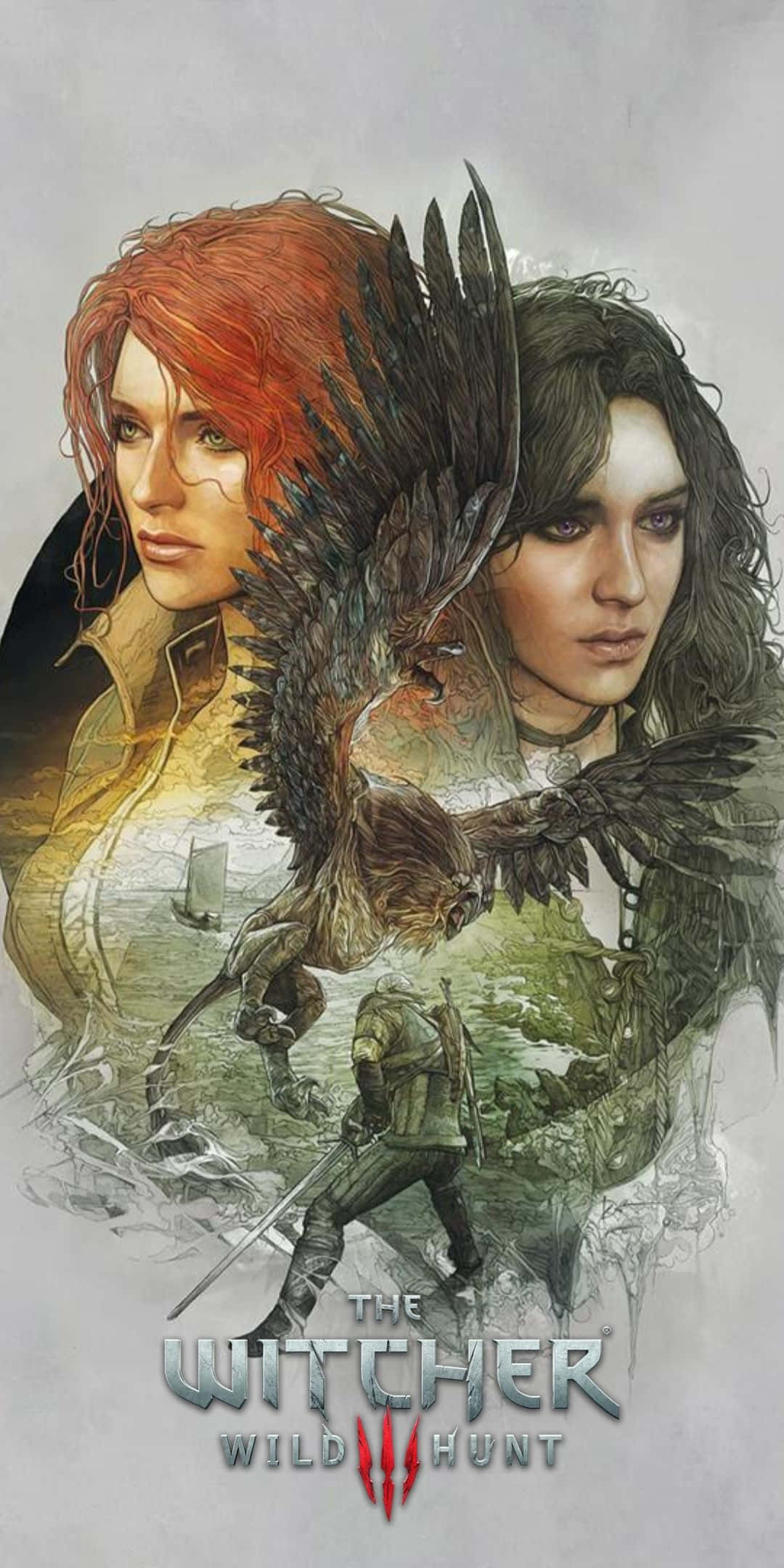 《巫師3》特米瑞亞王國日落風景，展現於 Pixel 3 屏幕上 壁紙 — 兩位兇猛女性夾著一位中央戰士，戰士帶有一隻鳥類生物，這是《巫師3》的粗獷奇幻插圖。