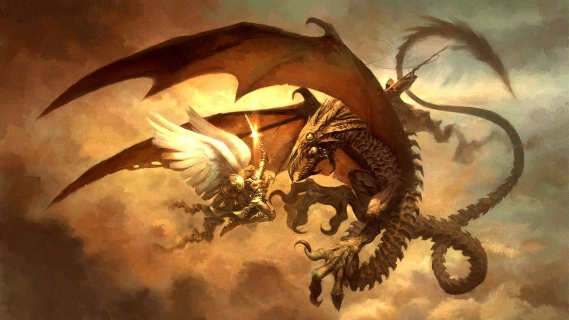 巫師地龍 壁紙 — 一位有翼戰士在旋轉的金色雲層中與巨大的裝甲龍發生衝突，展開了一場戲劇性的奇幻戰鬥。