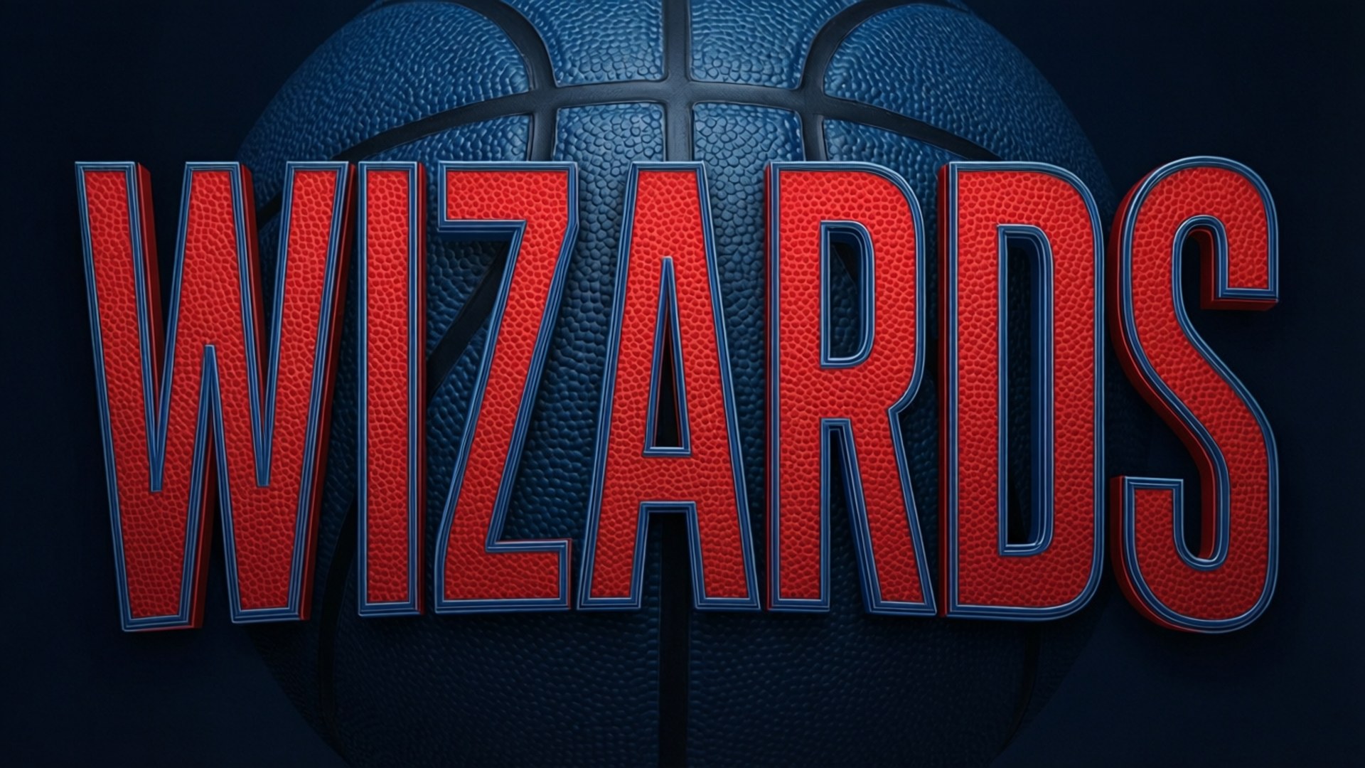 在深色背景上的藍色籃球上方，帶有藍色輪廓的紅色紋理 Wizards 文字