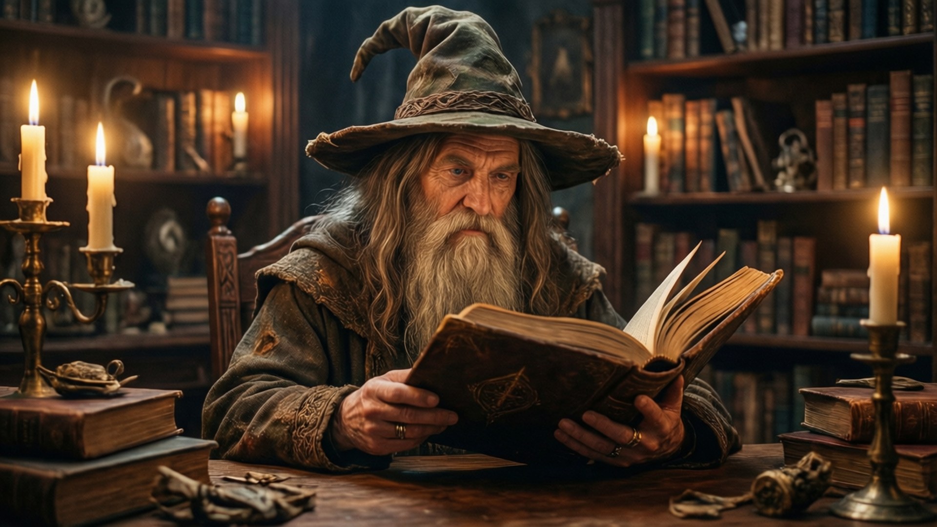 一位老巫師在燭光下的圖書館裡閱讀魔法書。