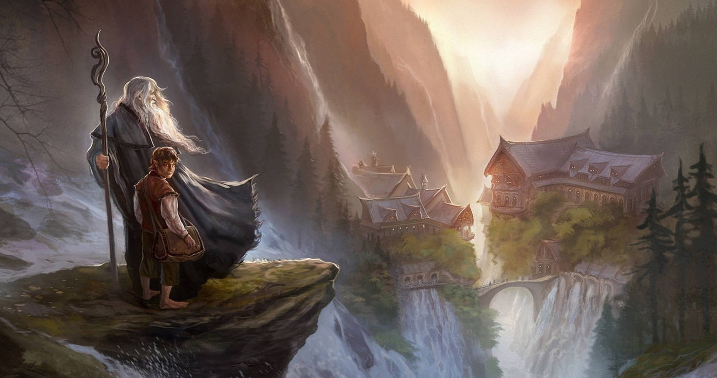 巫師和哈比人凝視著暮色中山谷裡的瀑布村莊
