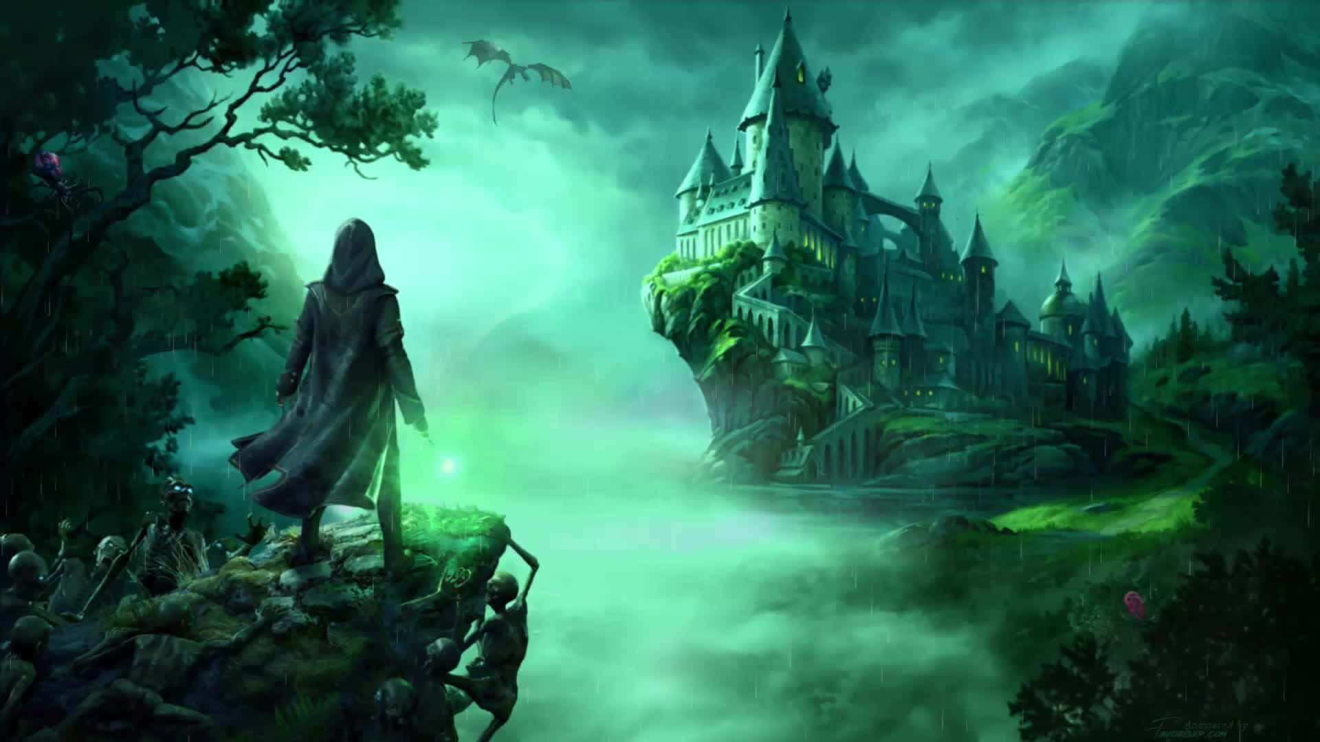 一個戴著兜帽的身影站在懸崖上，注視著暴風雨森林中發光的綠色城堡，一條龍在頭頂飛翔。