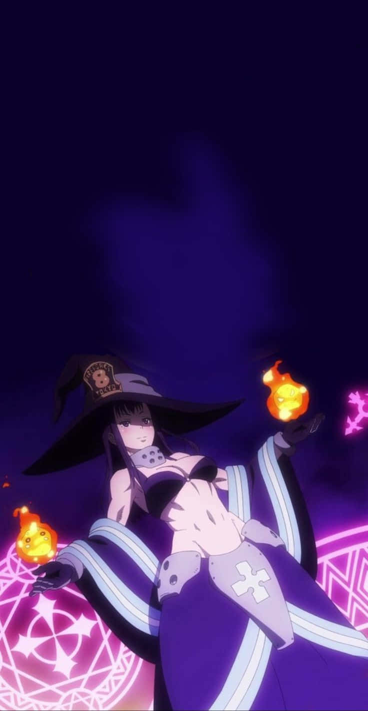 巫師角色與燃燒靈魂 壁紙 — 一位身穿紫色長袍和帽子的女巫，在深紫色背景上，手持發光的橙色火焰，周圍有發光的粉紅色魔法符號。