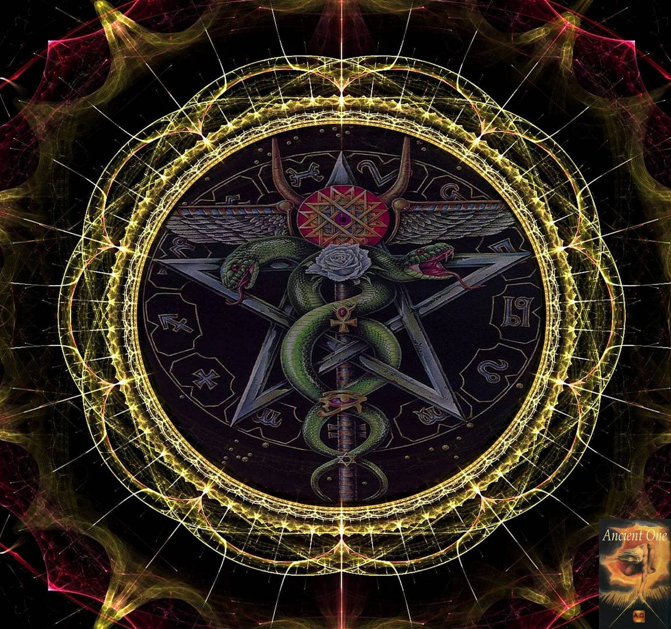 神秘的五角星，有蛇和玫瑰，被發光的碎形能量包圍。 — 威卡巫師 壁紙