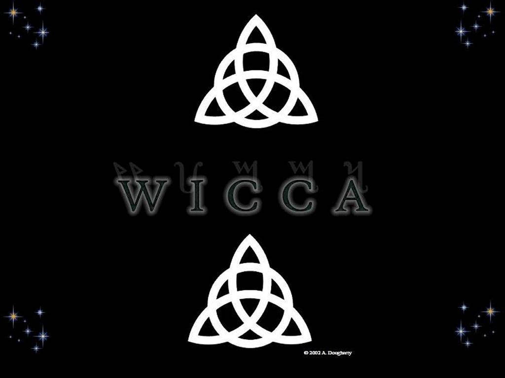 Wicca符號，帶有兩個三曲線圖和閃爍星星，黑色背景。 — 威卡巫師 壁紙