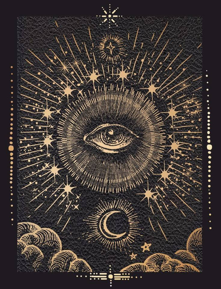 金色全視之眼被星星和彎月包圍，位於紋理黑色背景上。 — 魔女風格 壁紙