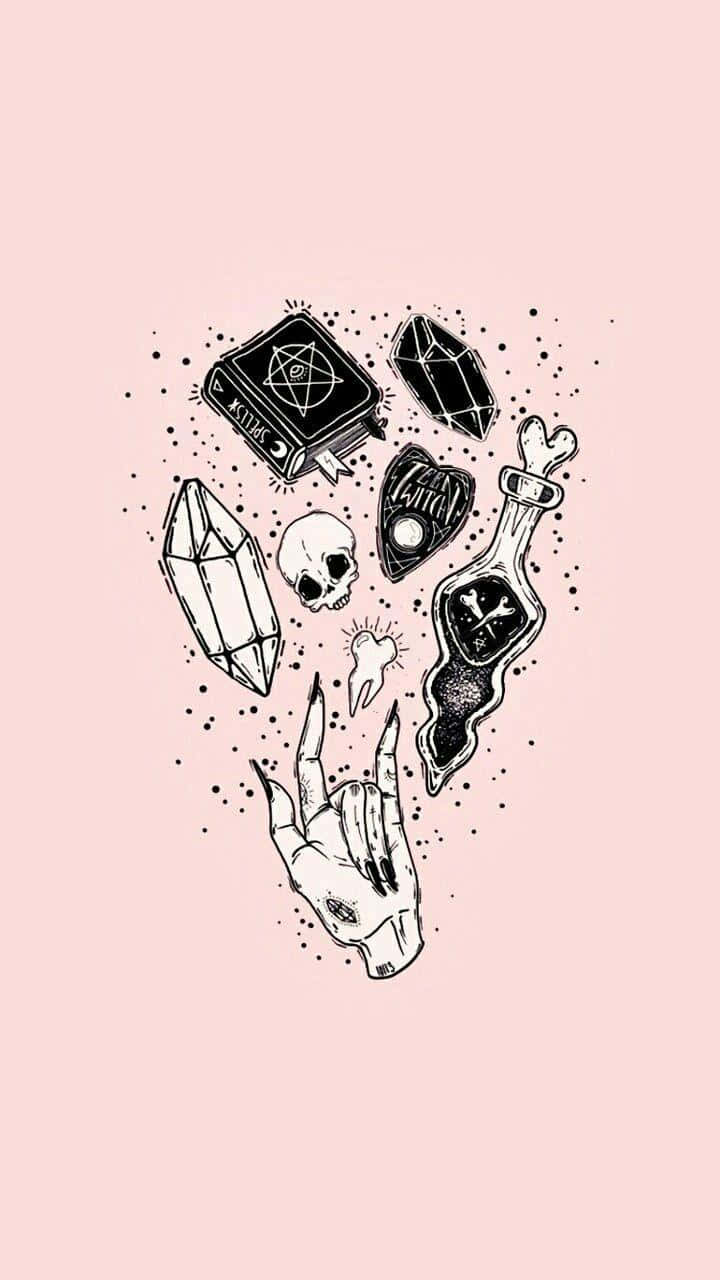 巫術手機魔法元素壁紙 壁紙 — 一幅黑色墨水插圖，描繪了神秘符號，包括一隻手、一個頭骨、水晶和一本書，漂浮在柔和的粉紅色背景上。