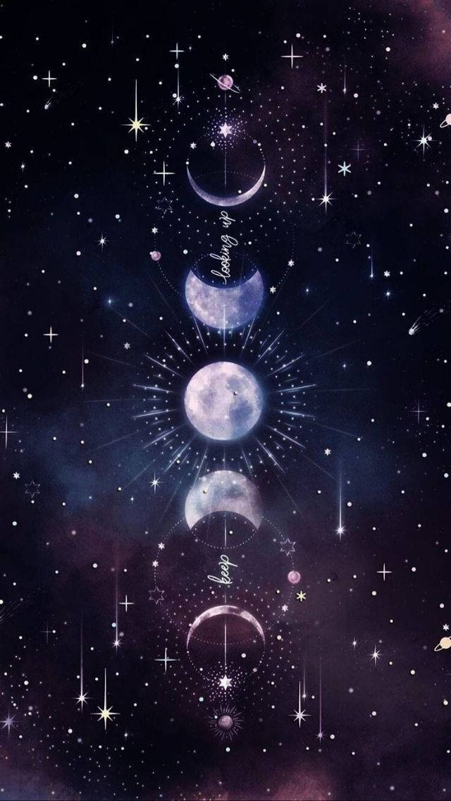 天體插圖，月相在繁星點點的紫色夜空中發光，並帶有輻射狀星爆和文字。 — 魔女風格 壁紙