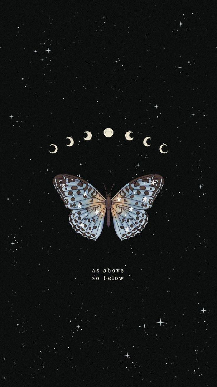 星星圖案的蝴蝶在月相下，背景是繁星點點的夜空，附有文字 as above so below
