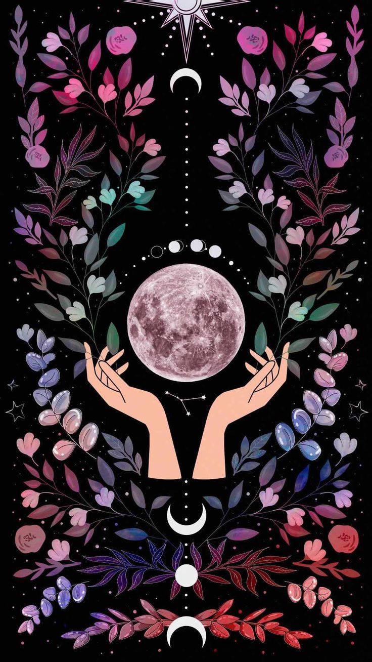 雙手捧著一個滿月，由發光的花藤和彎月框住，在星空下。