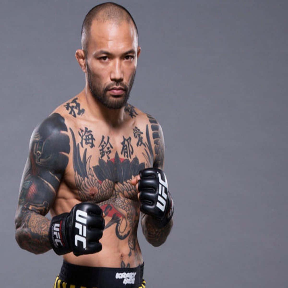 已故日本UFC選手山本信一郎攝影照 壁紙 — 一位紋身的混合武術選手戴著UFC手套，在純灰色背景前凝視著。