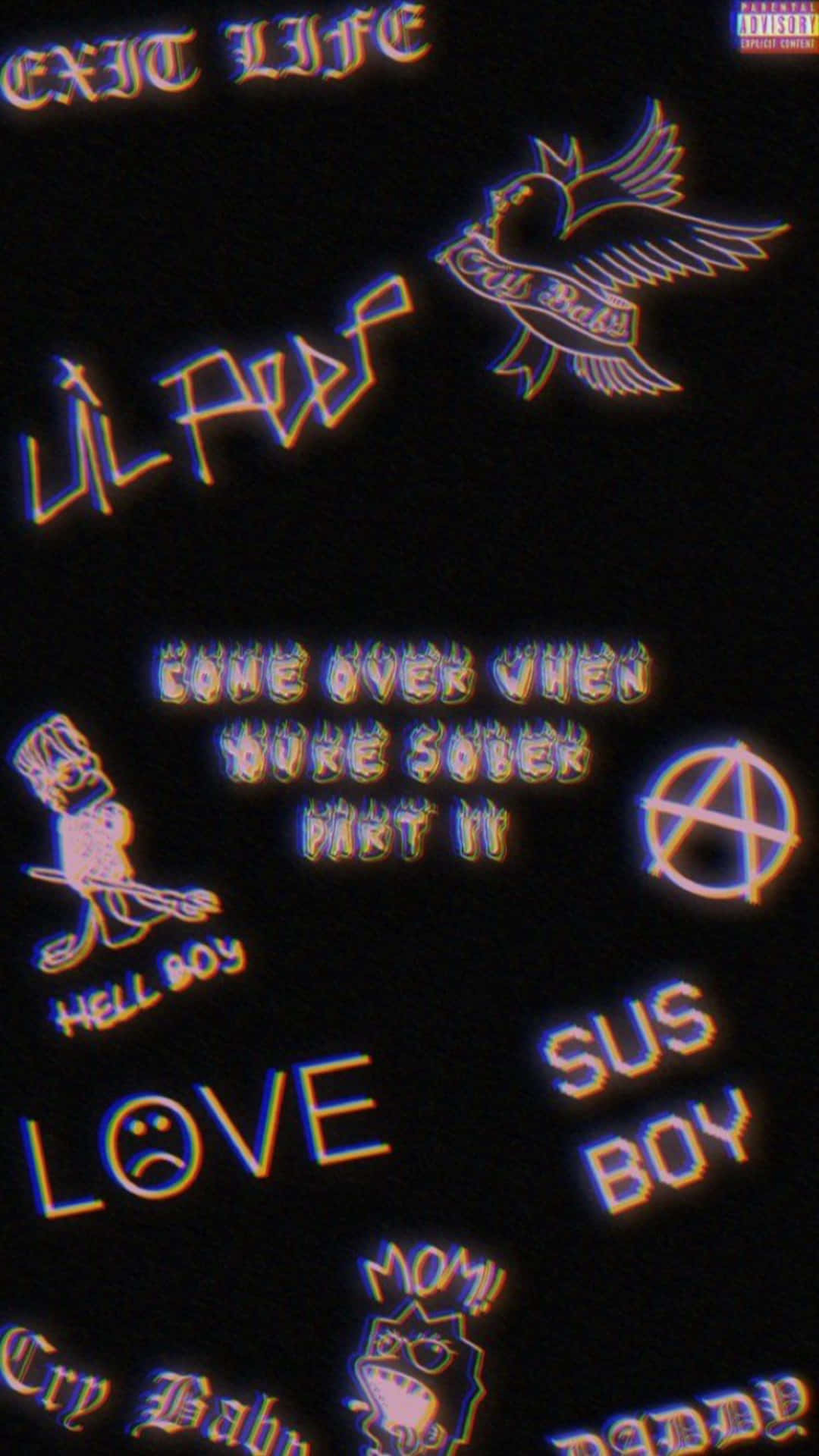 黑色背景上的霓虹發光文字和卡通角色，帶有exit life和sus boy等短語。