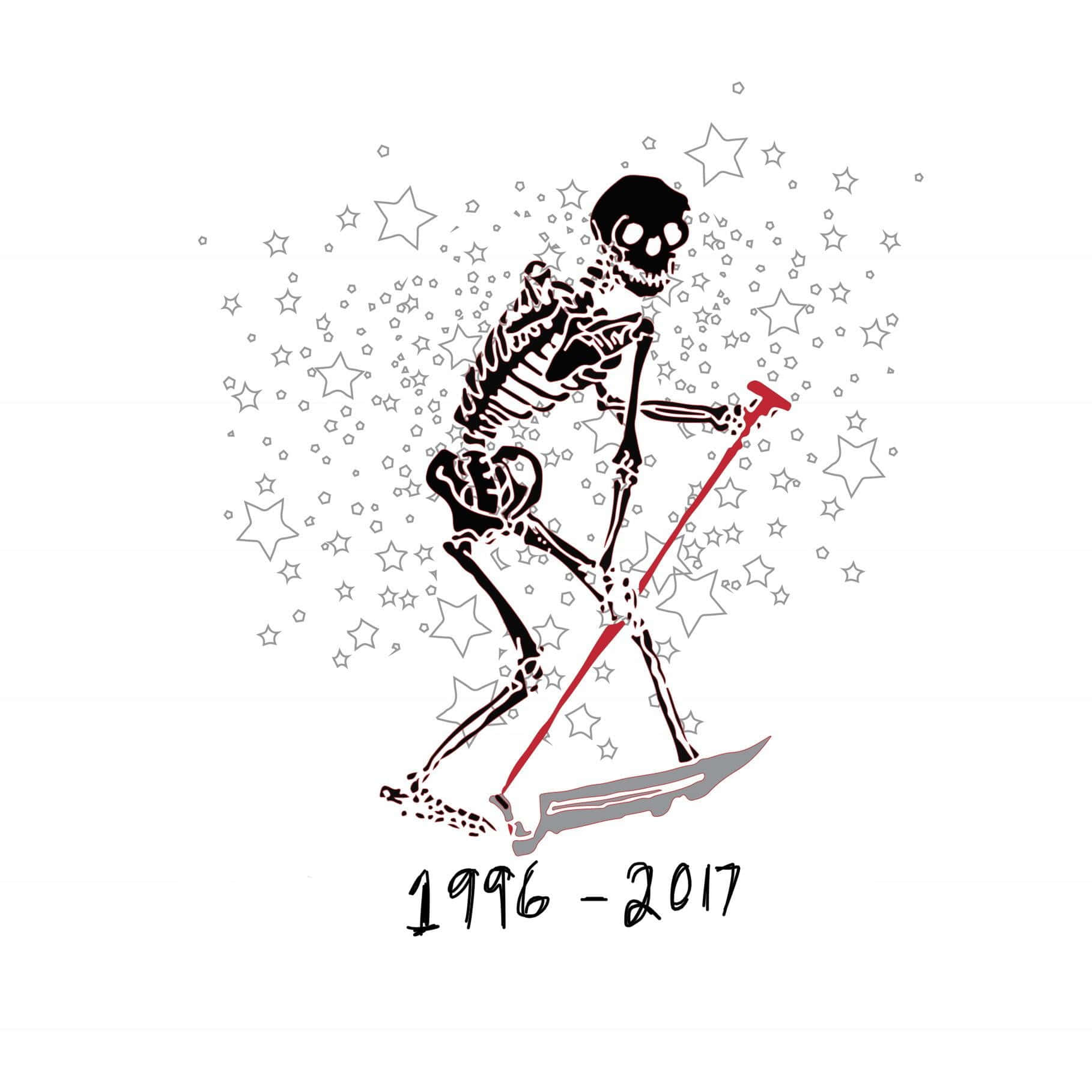 骷髏用紅色雪杖滑雪板，被星星和日期1996-2017包圍。