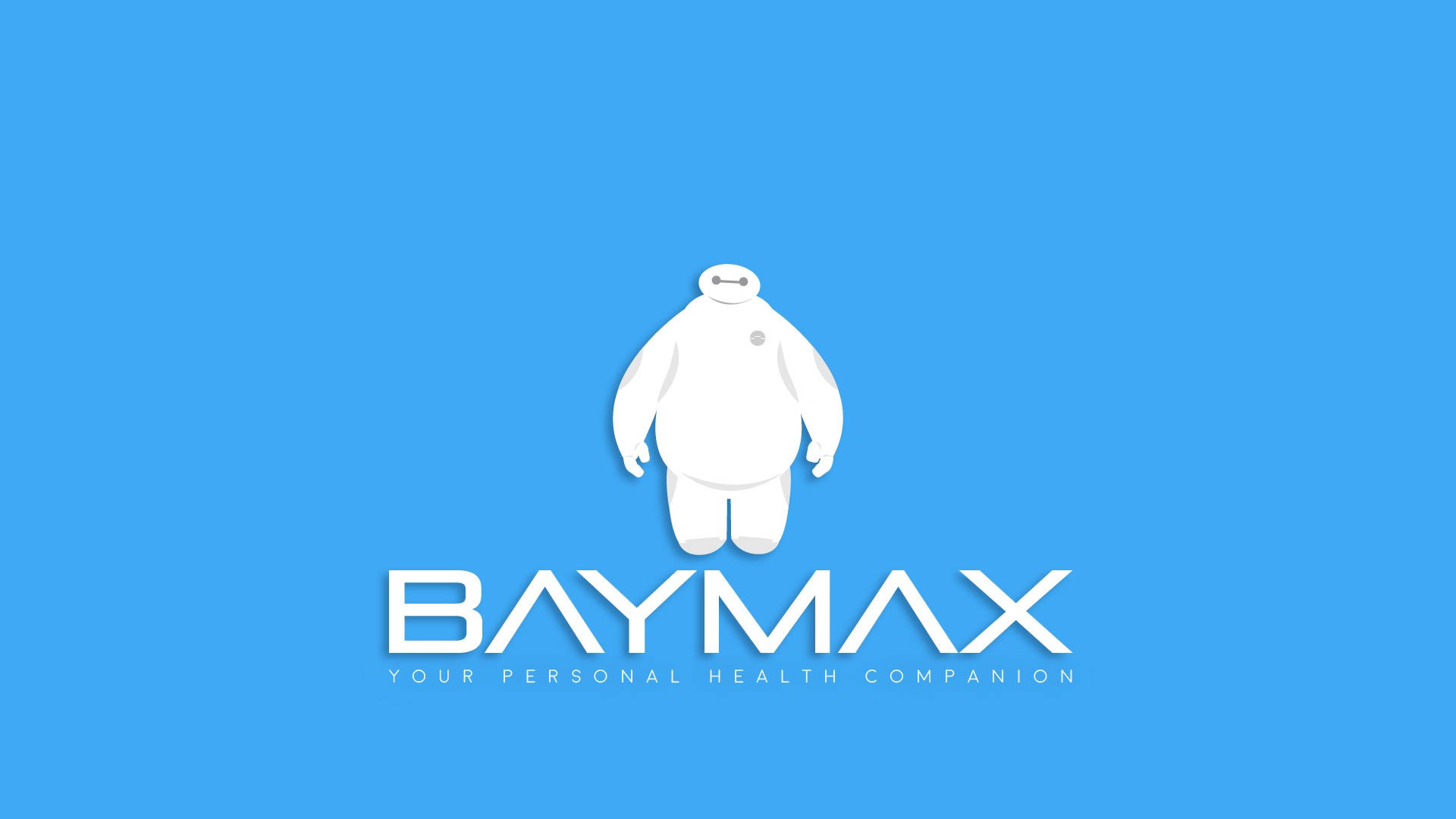 巴伊馬克斯藍色背景 壁紙 — 一個白色的Baymax機械人位於純藍色背景中央，下方有粗體白色文字寫著「BAYMAX 您的個人健康夥伴」。