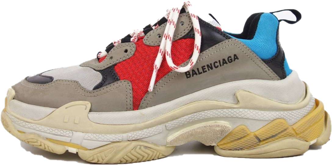 巴倫西亞加多彩運動鞋側面圖 壁紙 — 一雙大膽的 Balenciaga 運動鞋，帶有紅色、灰色、藍色和黃色點綴，厚底，黑色背景。