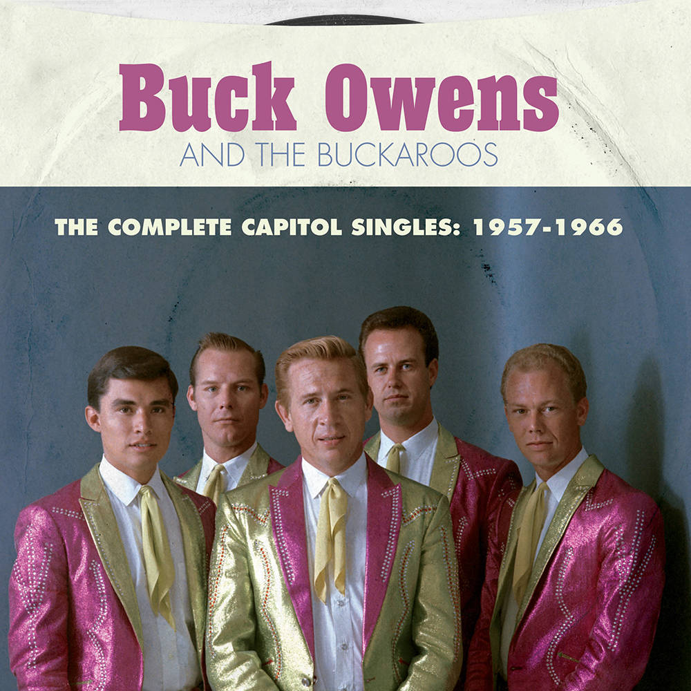 Buck Owens 和 the Buckaroos 穿著閃亮西裝的復古專輯封面。