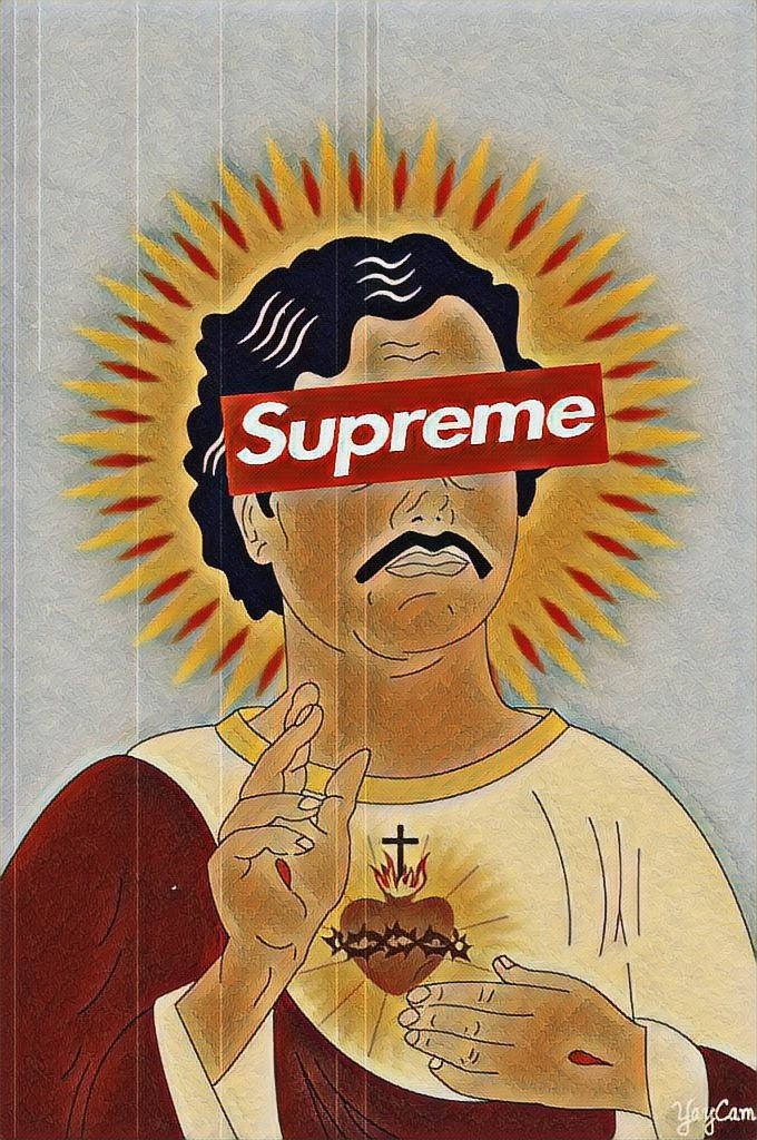 帶有光環和聖心的聖人被Supreme標誌覆蓋。