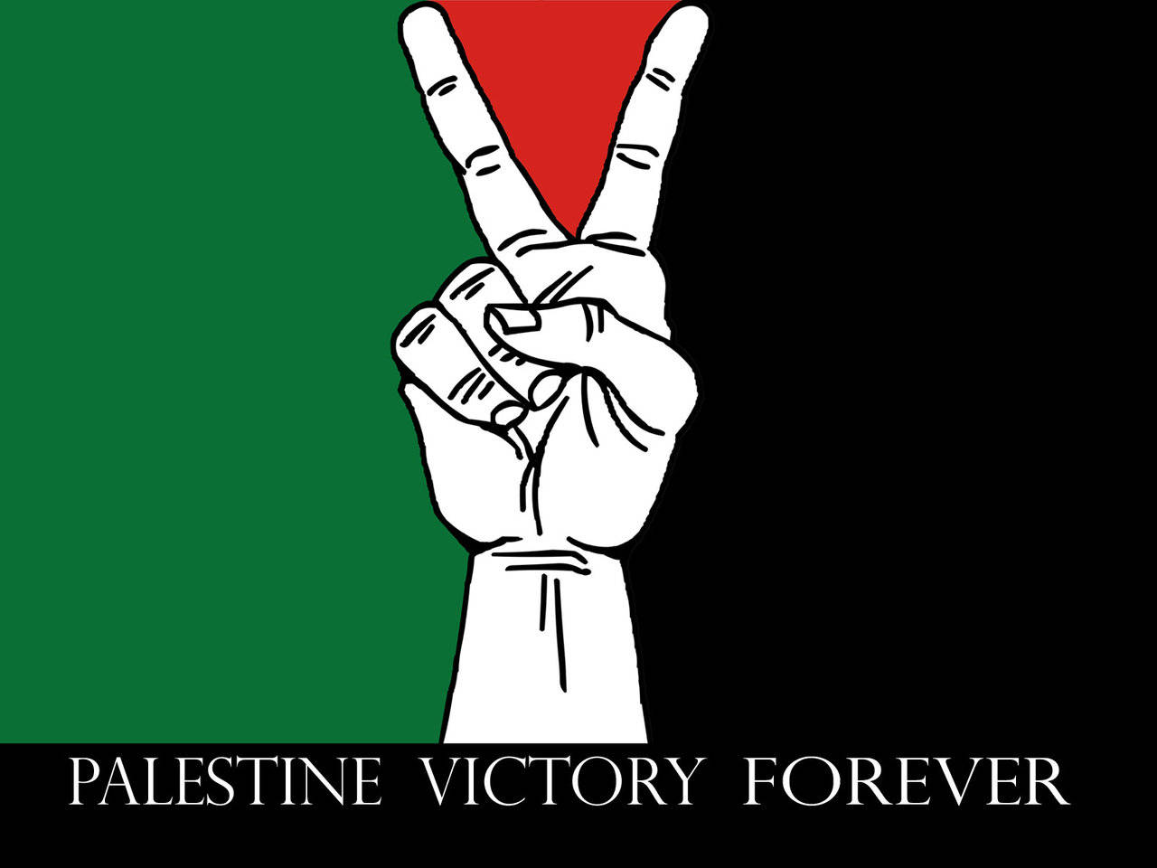 手在巴勒斯坦國旗上做出和平手勢，文字 Palestine Victory Forever