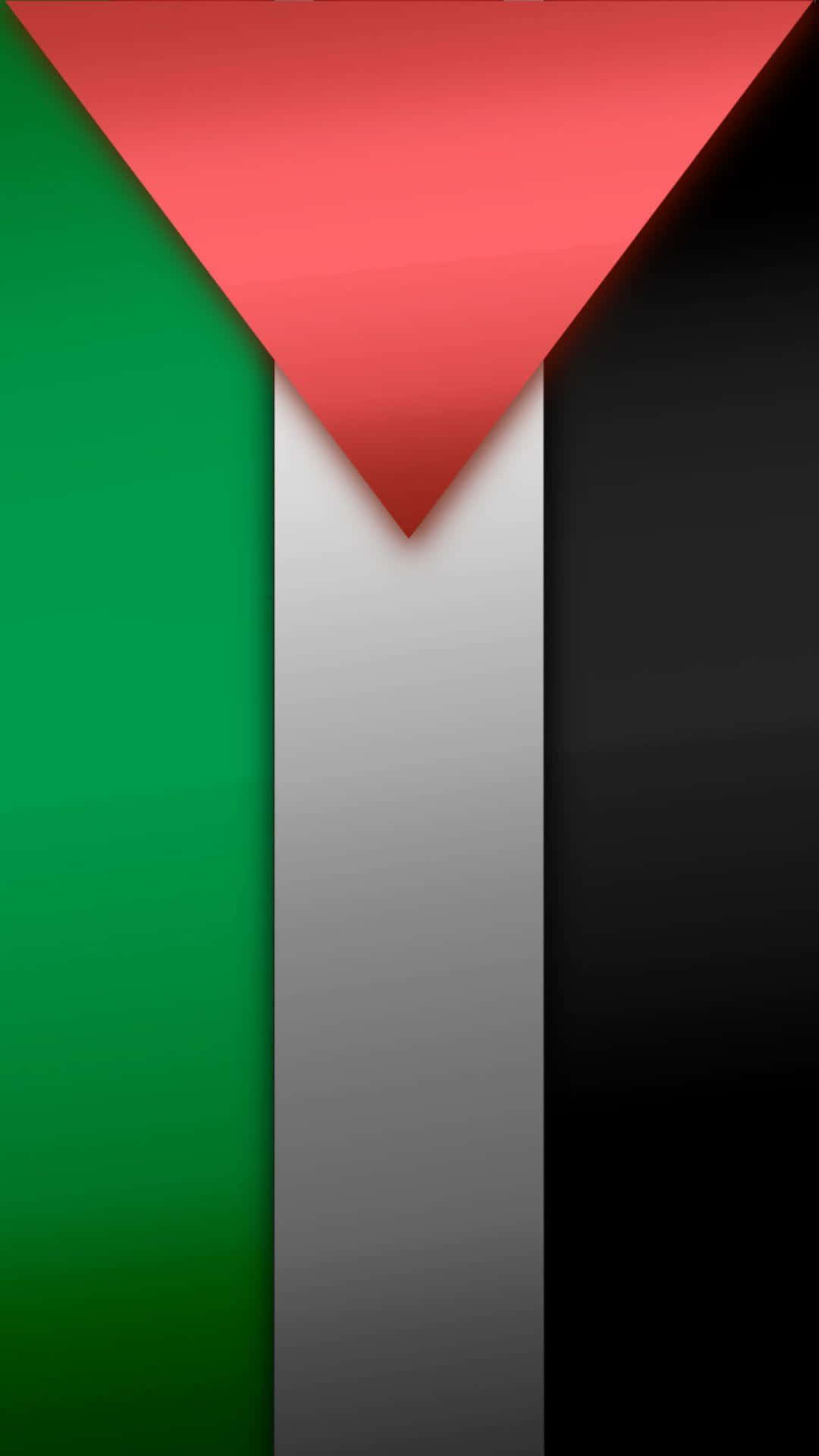 Palestine 桌布 壁紙 — 巴勒斯坦國旗的大膽數位渲染，帶有紅色、綠色、白色和黑色垂直條紋，以及旗桿側的紅色三角形。