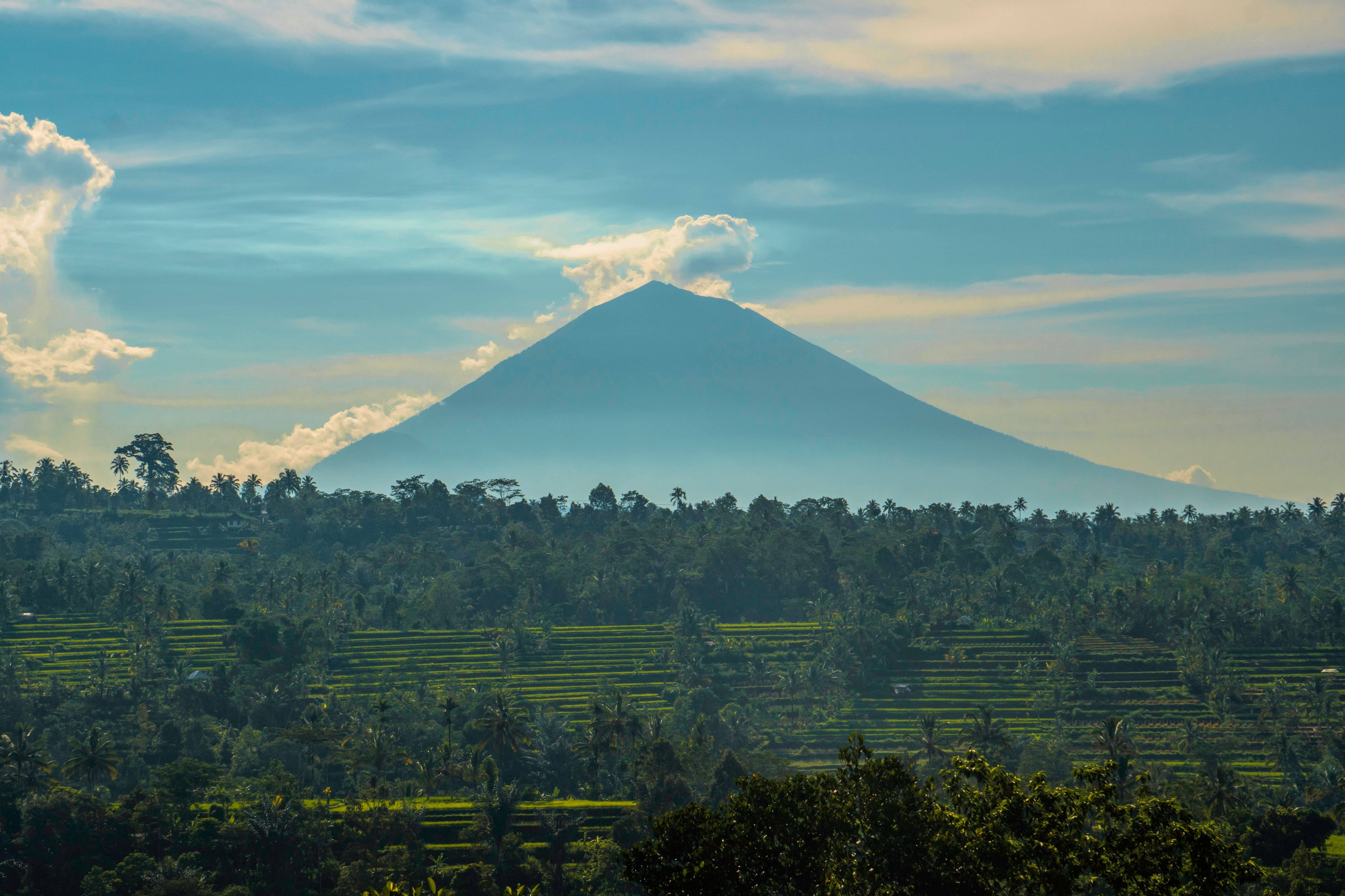 巴厘島阿貢火山4K風景 壁紙 — 一座雄偉的火山聳立在鬱鬱蔥蔥的綠色梯田之上，天空柔和湛藍，雲朵點綴其間。
