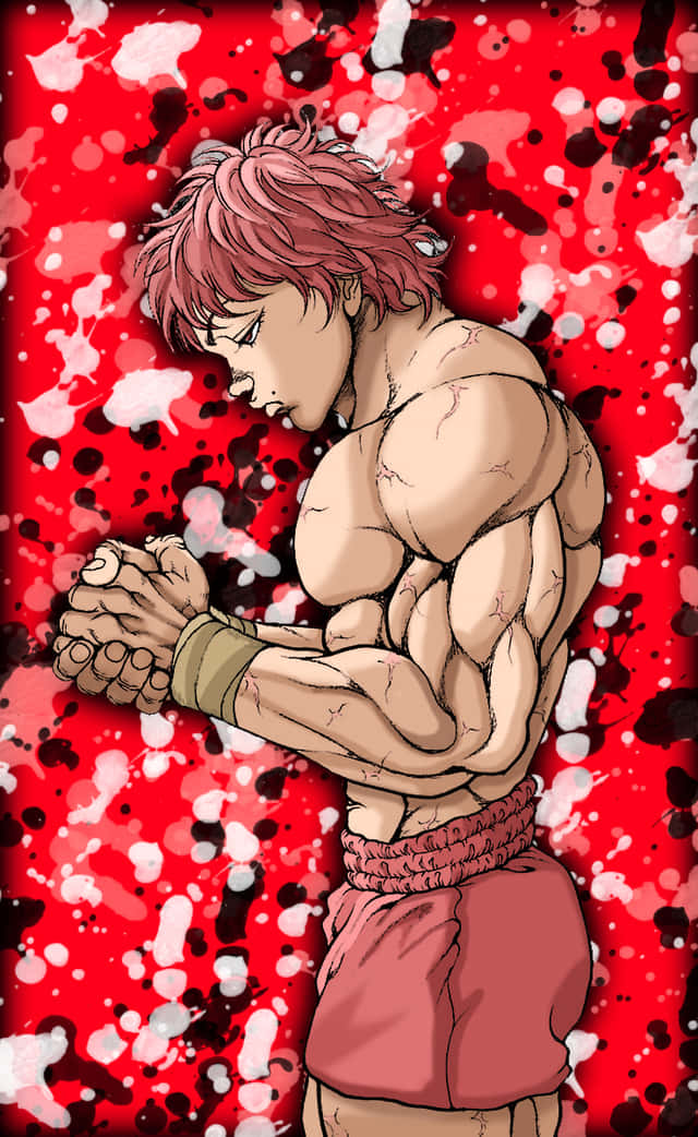 巴基·漢馬，武術世界冠軍 壁紙 — 一個肌肉發達的動漫戰士，粉紅色頭髮，在鮮紅色的飛濺背景下握緊拳頭。