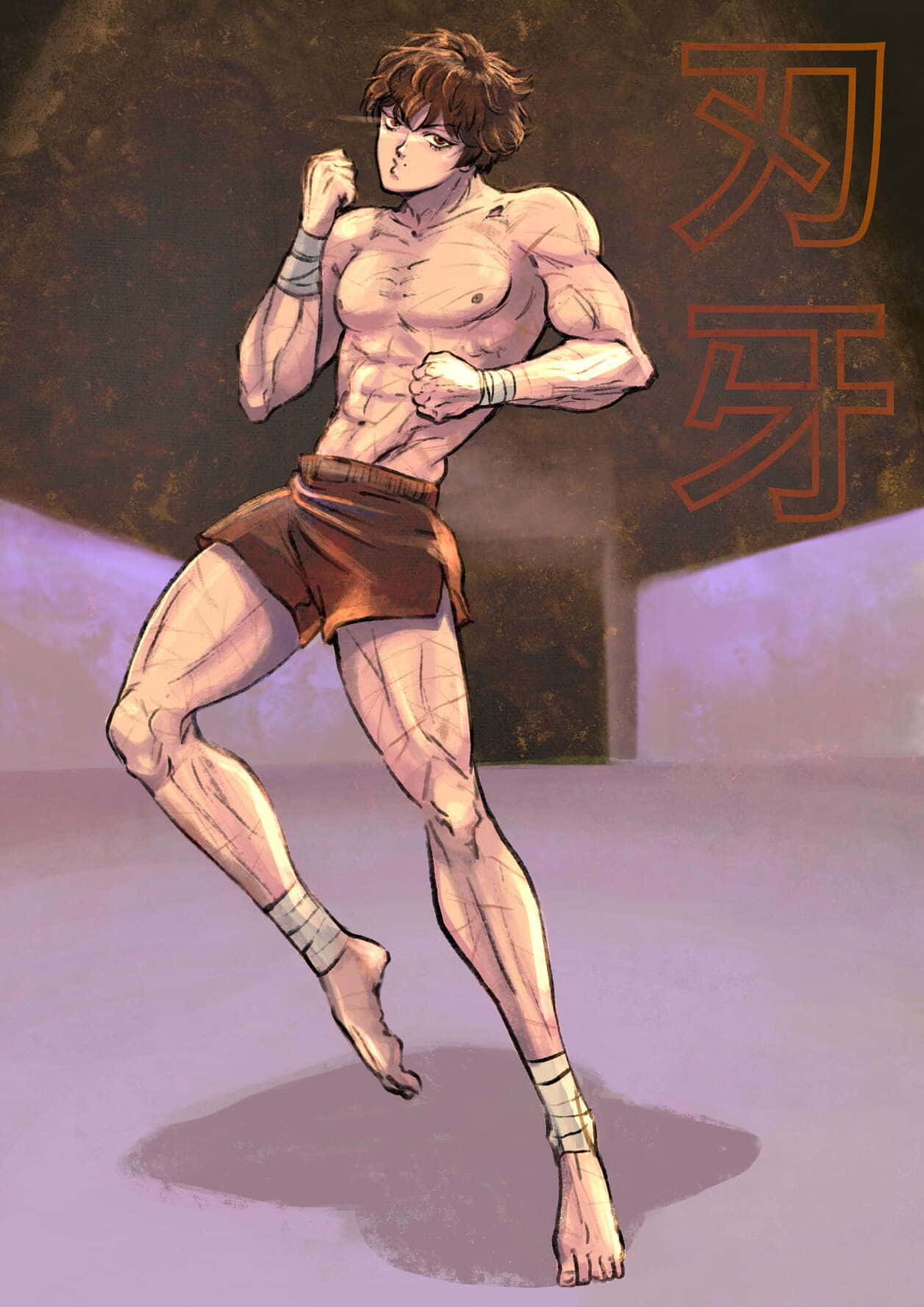 巴基·漢馬透過苦練達成目標 壁紙 — 一個肌肉發達的動漫戰士穿著棕色短褲和手腕/腳踝綁帶，在帶有紋理的紫色和棕色背景上，擺出動態武術姿勢，背景有日本漢字。