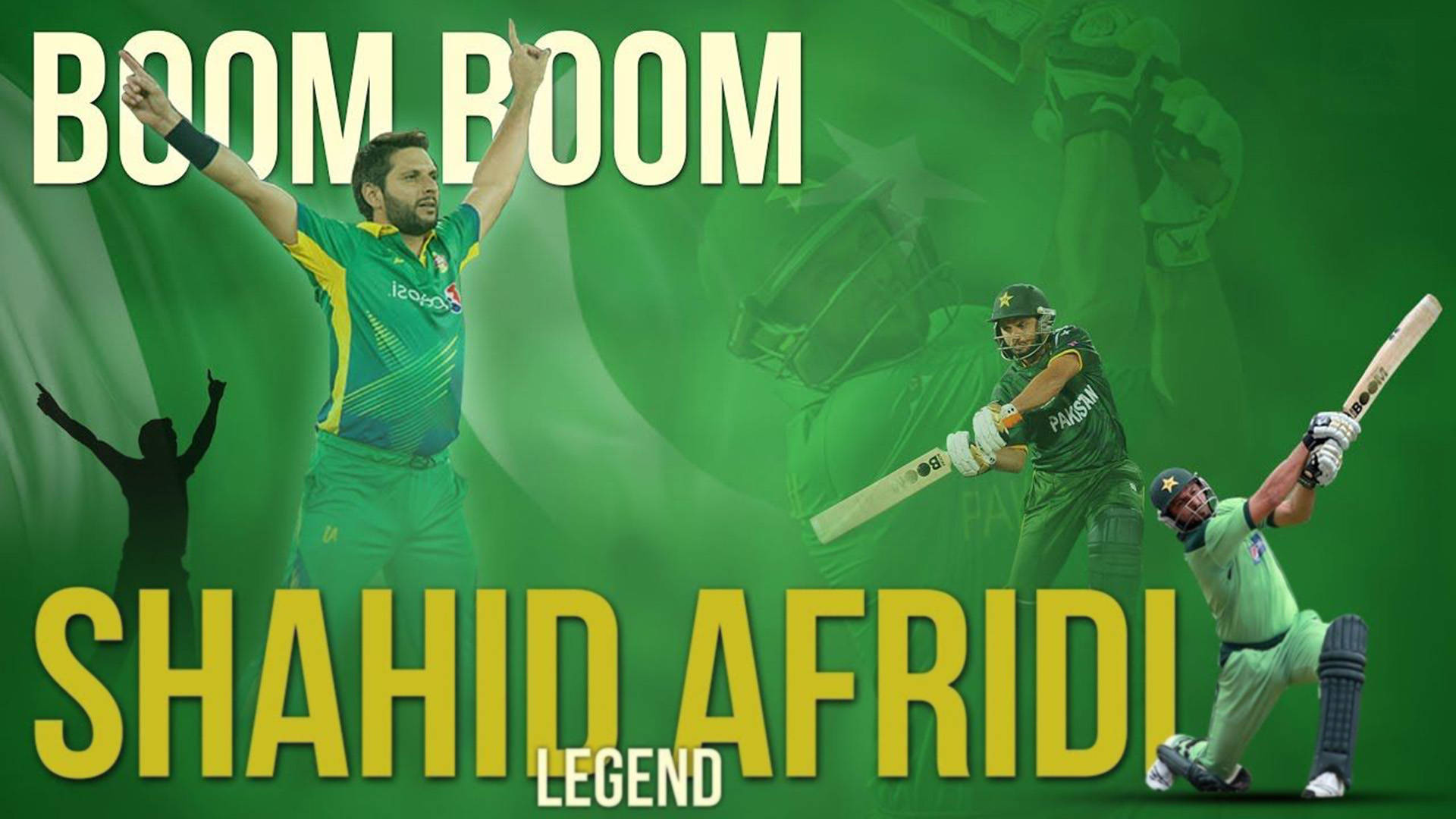 板球傳奇 Shahid Afridi 以動作姿勢呈現，綠色背景上有 'Boom Boom' 文字。
