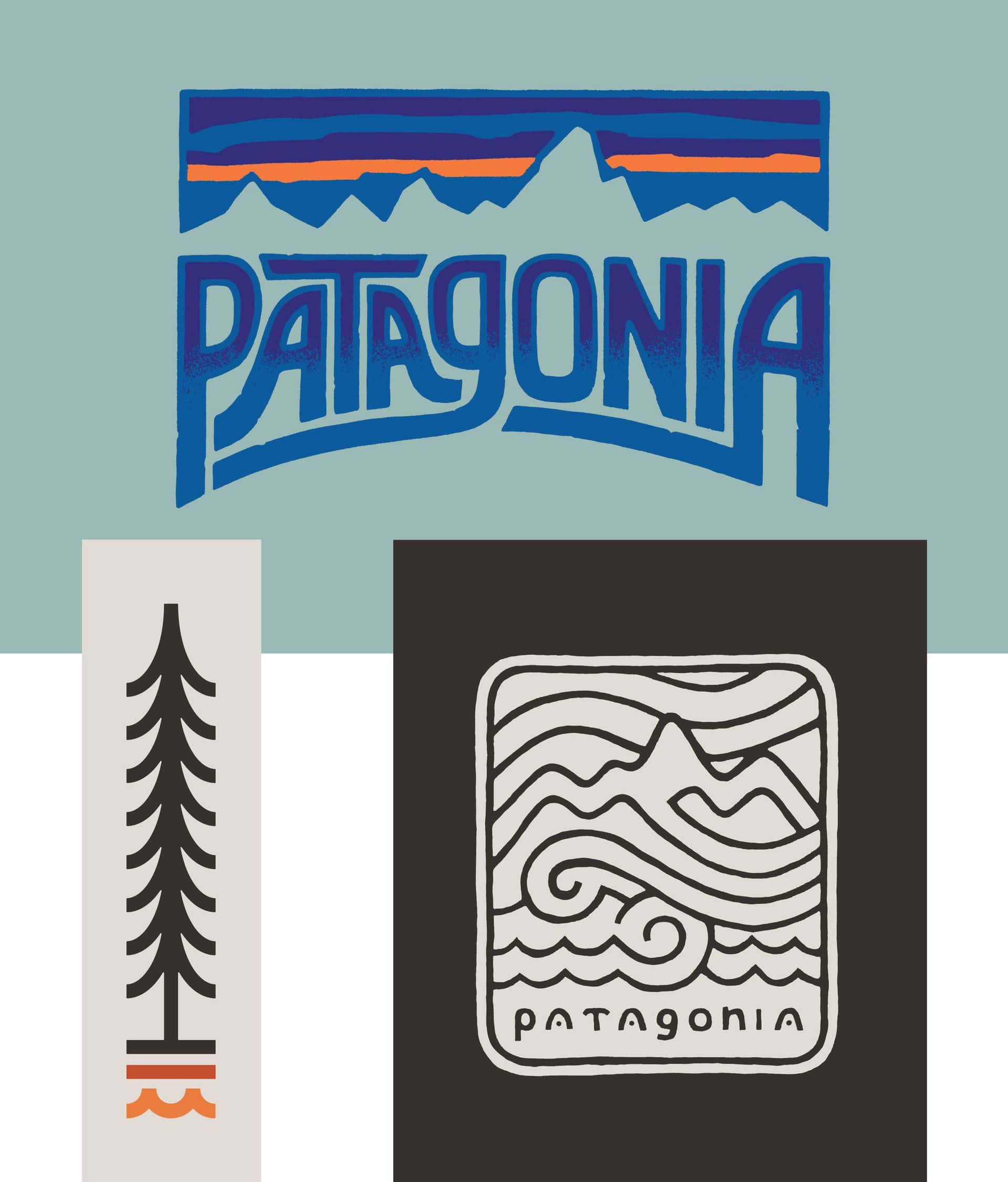巴塔哥尼亞的壯麗山景 壁紙 — Patagonia 標誌的圖形拼貼，以風格化的山脈、樹木和波浪呈現，採用大膽的藍色、橙色和黑色，背景柔和。