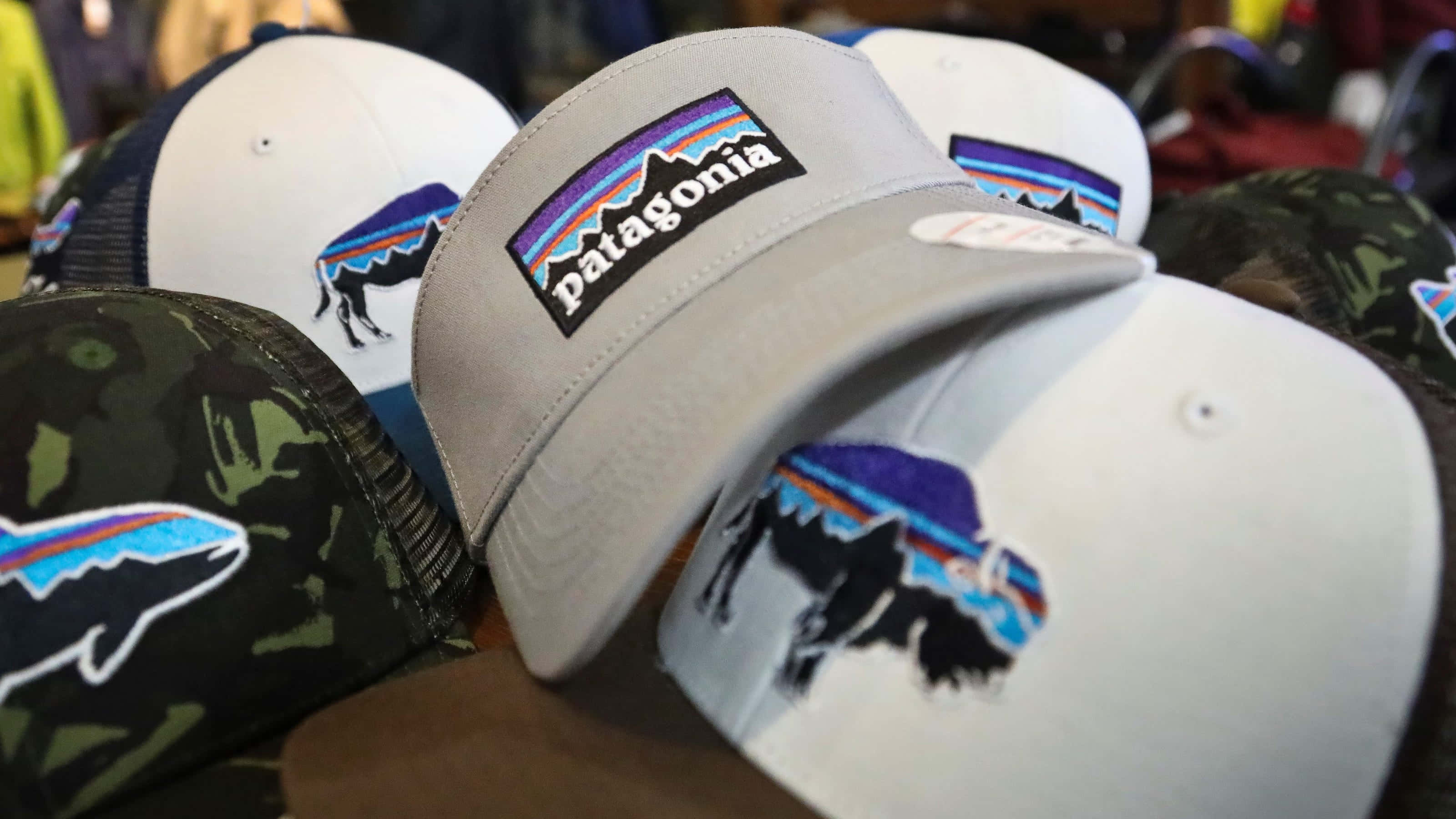 巴塔哥尼亞的自然之美 壁紙 — Patagonia 卡車司機帽的特寫，零售環境中展示色彩繽紛的野牛標誌。