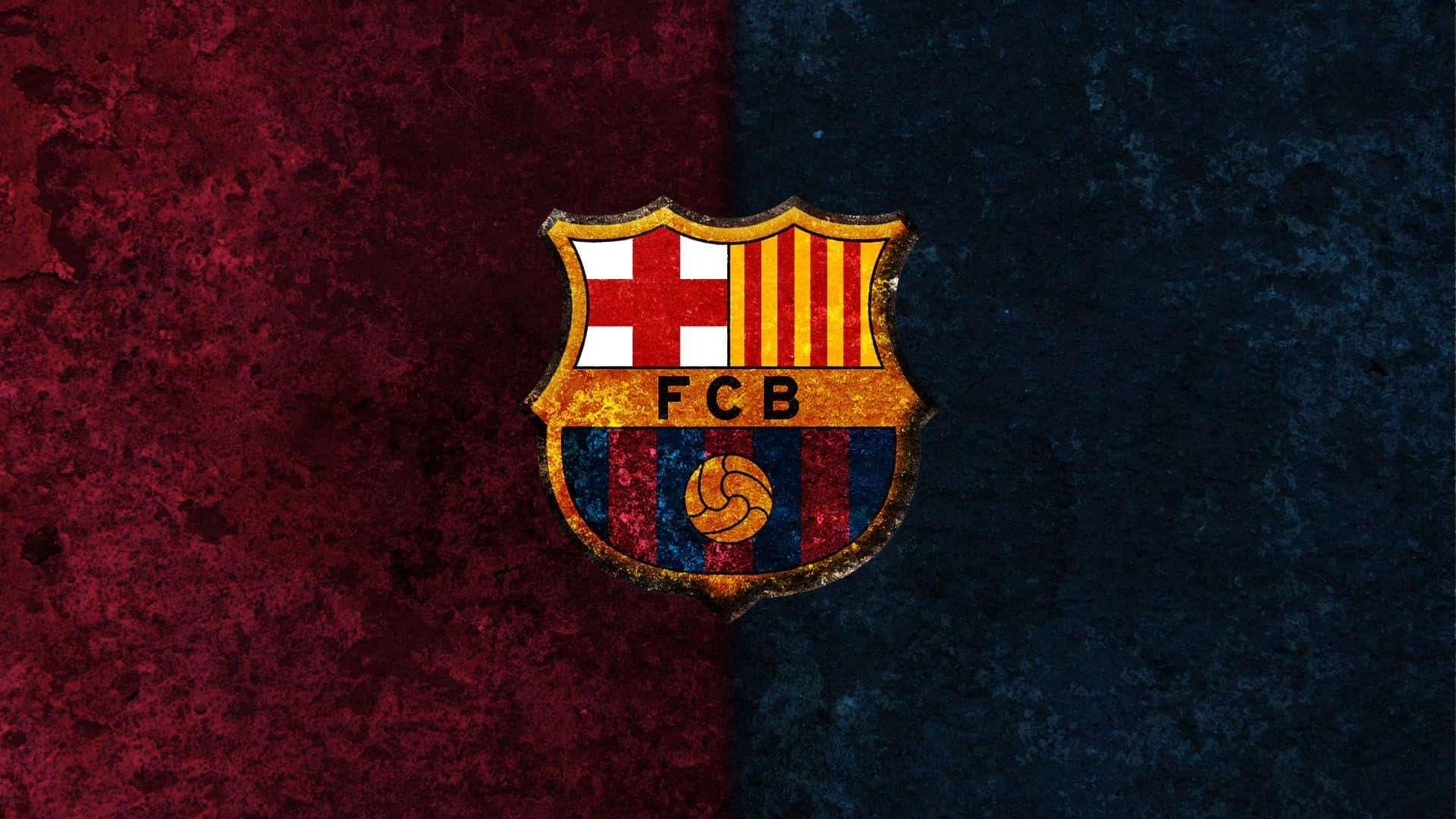 FC Barcelona 足球會徽章，置於紋理紅藍背景上。