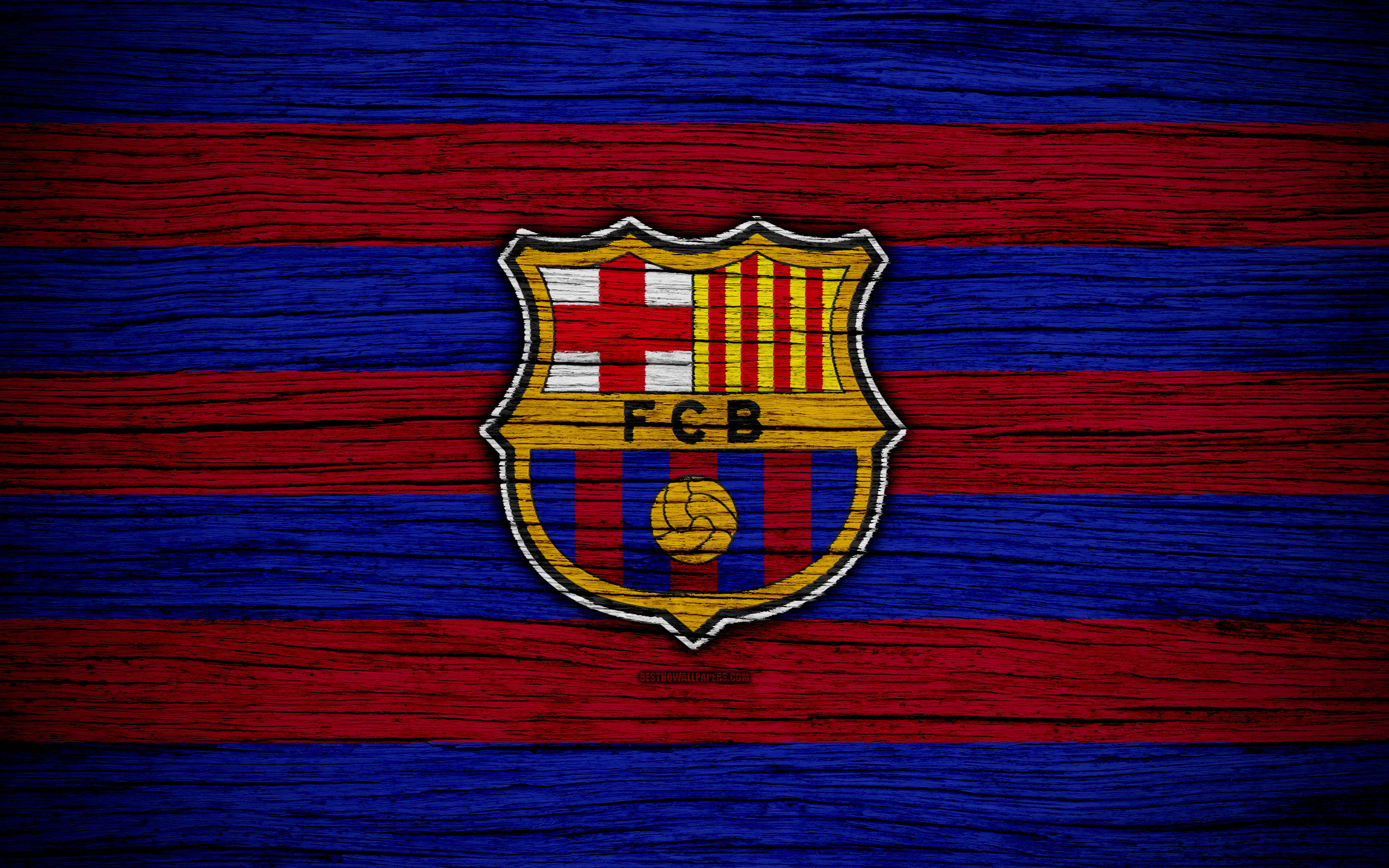 巴塞隆拿足球俱樂部木紋背景 壁紙 — FC Barcelona 會徽置中於紅藍條紋木紋質感上，木紋清晰可見。