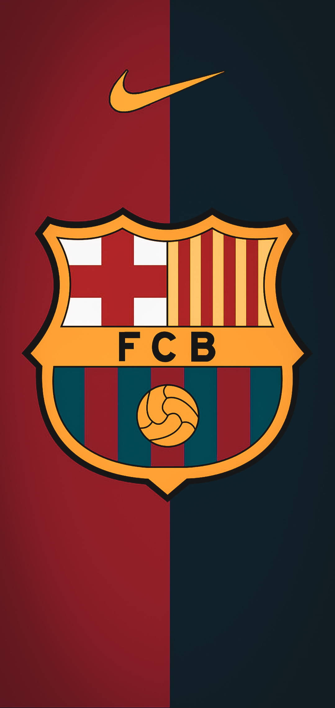 巴塞隆納 FC 與耐克標誌 壁紙 — 巴塞隆拿足球會徽章置中於紅和深藍色分割背景上，上方有Nike剔號。