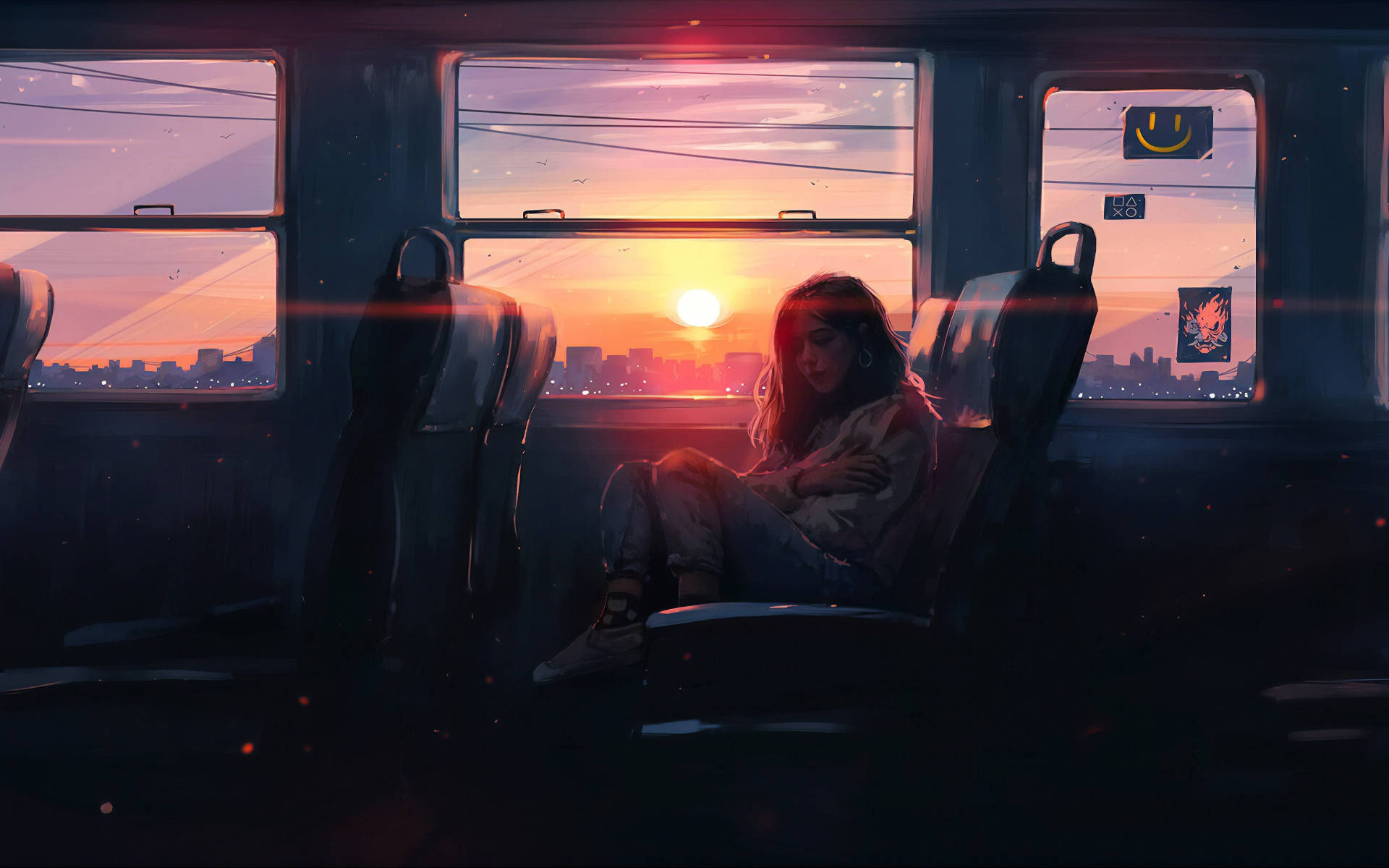 巴士獨坐夢幻漫畫 壁紙 — 一個孤獨的女孩蜷縮在火車車廂裡，身後窗戶透進鮮豔的夕陽餘暉。