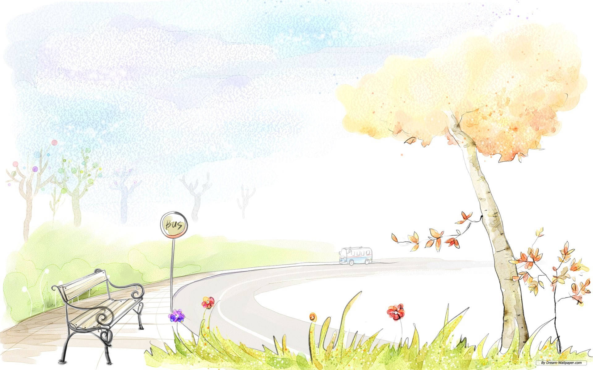 巴士站區藝術畫 壁紙 — 一幅水彩畫場景，描繪一條蜿蜒的道路，設有長椅和巴士站，天空柔和，有秋樹和遠處的巴士。