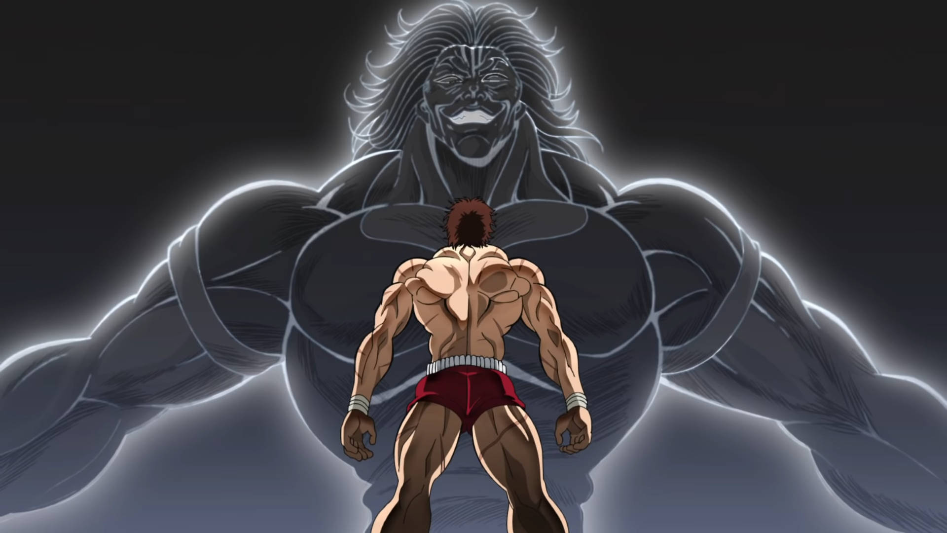 巴奇·漢馬對決漢馬·悠二 HD 壁紙 — 一個肌肉發達的動漫戰士站在一個高聳發光的自己的影子前，影子有著狂野的頭髮和笑容。