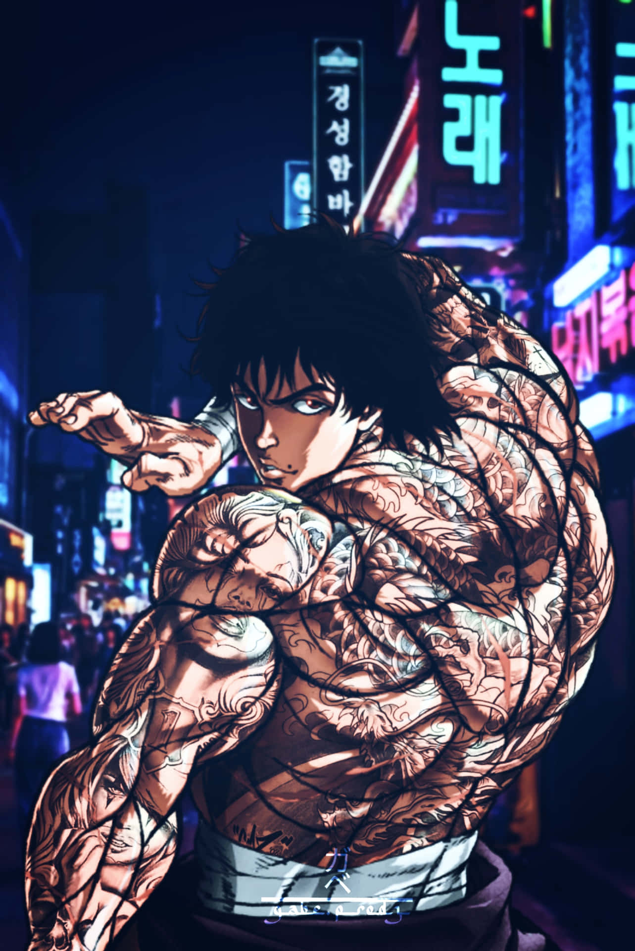 紋身動漫戰士在霓虹燈照亮的韓國城市街道上夜晚