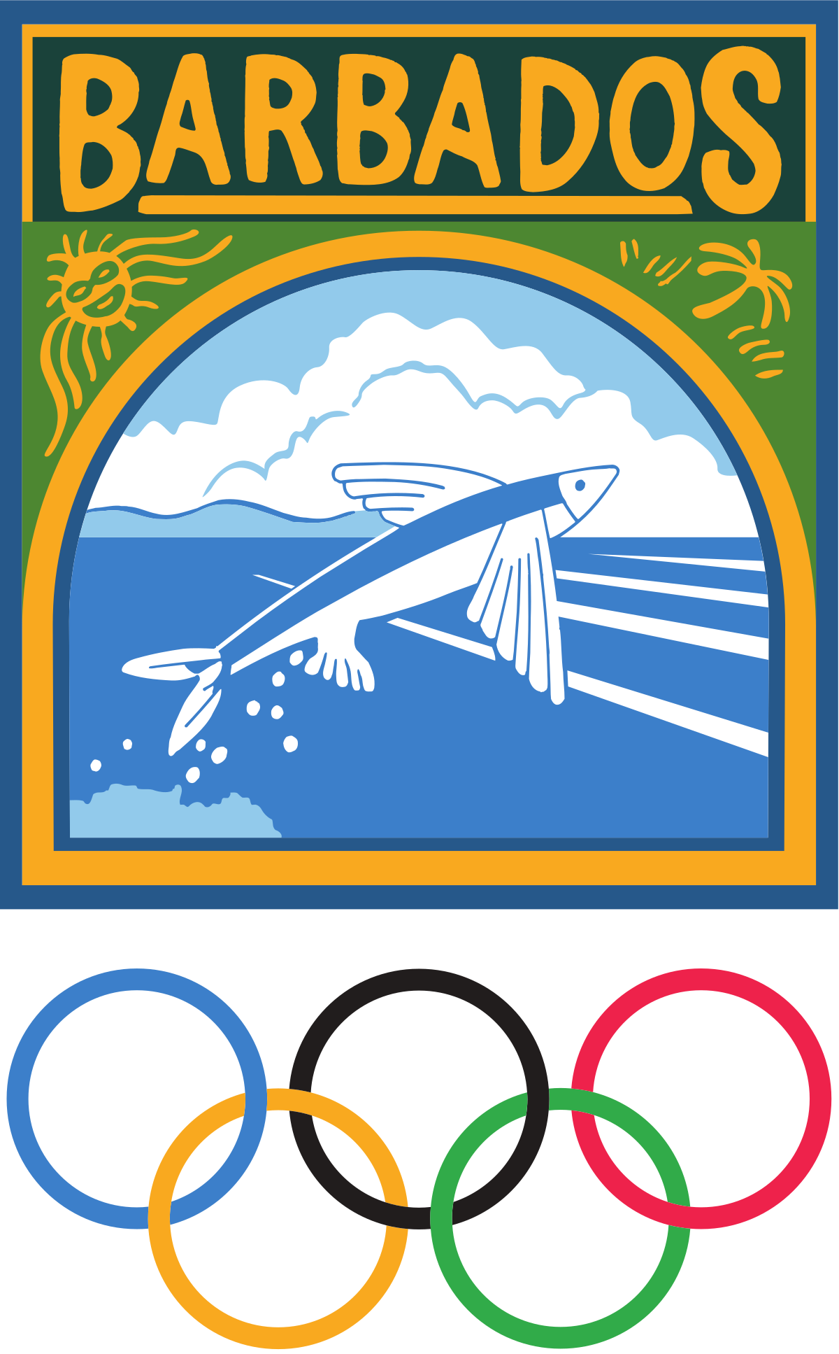 巴巴多斯飛魚奧運五環海報 壁紙 — 巴巴多斯國徽，圖案為飛魚從藍色海水中躍起，上有太陽和棕櫚樹，頂部有「BARBADOS」文字，下方有奧運五環。