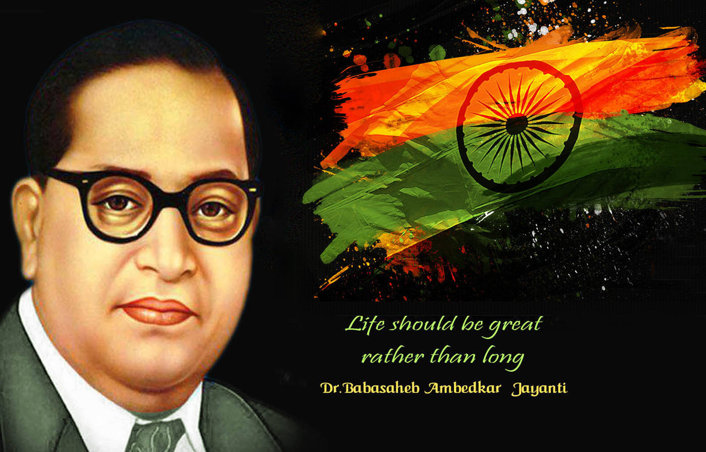 Dr. Babasaheb Ambedkar 的肖像，帶有印度國旗和名言，背景為深色。
