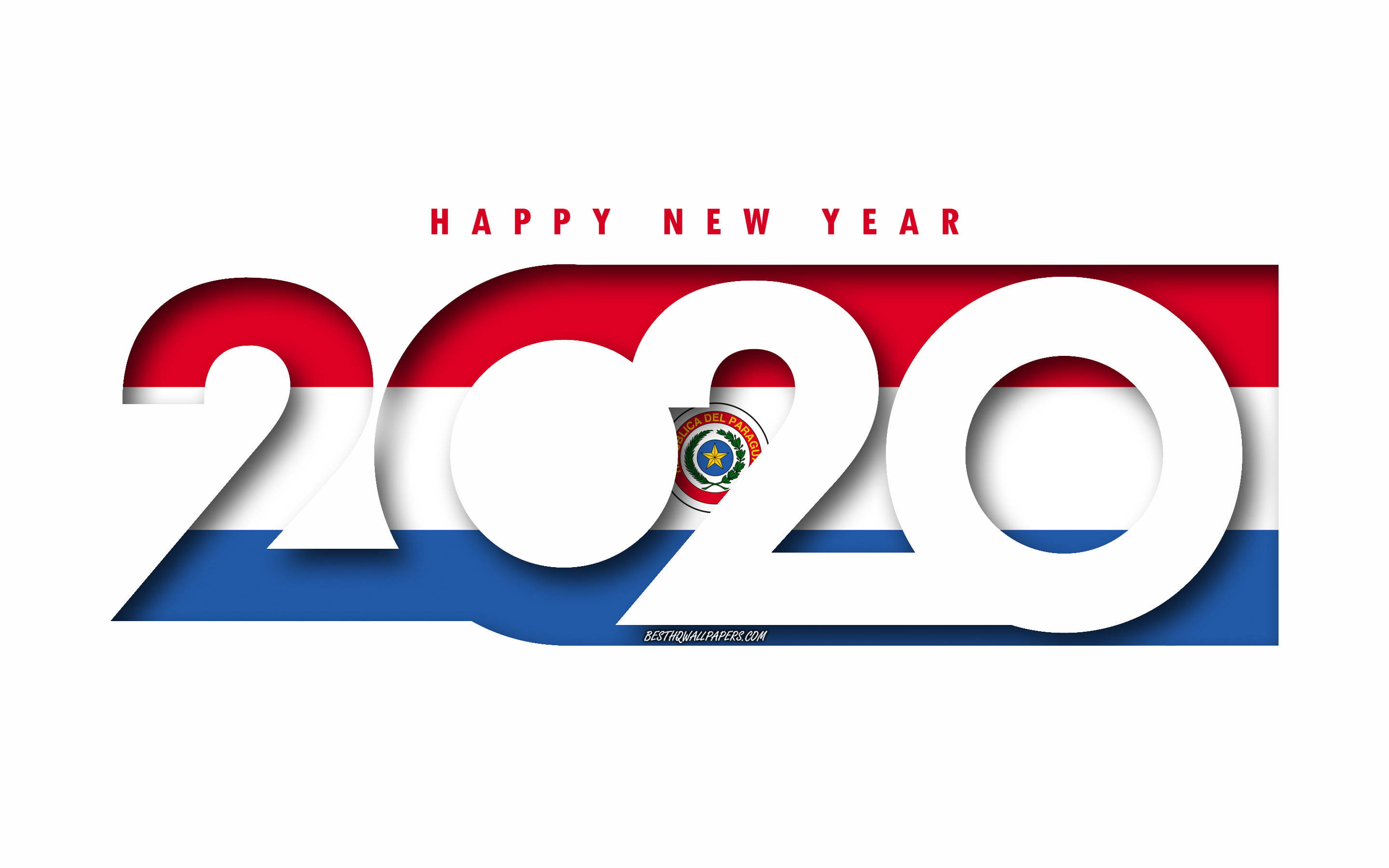 巴拉圭2020新年快樂 壁紙 — 大膽的白色2020數字，零內有巴拉圭國旗條紋和國徽，頂部有紅色「HAPPY NEW YEAR」文字。